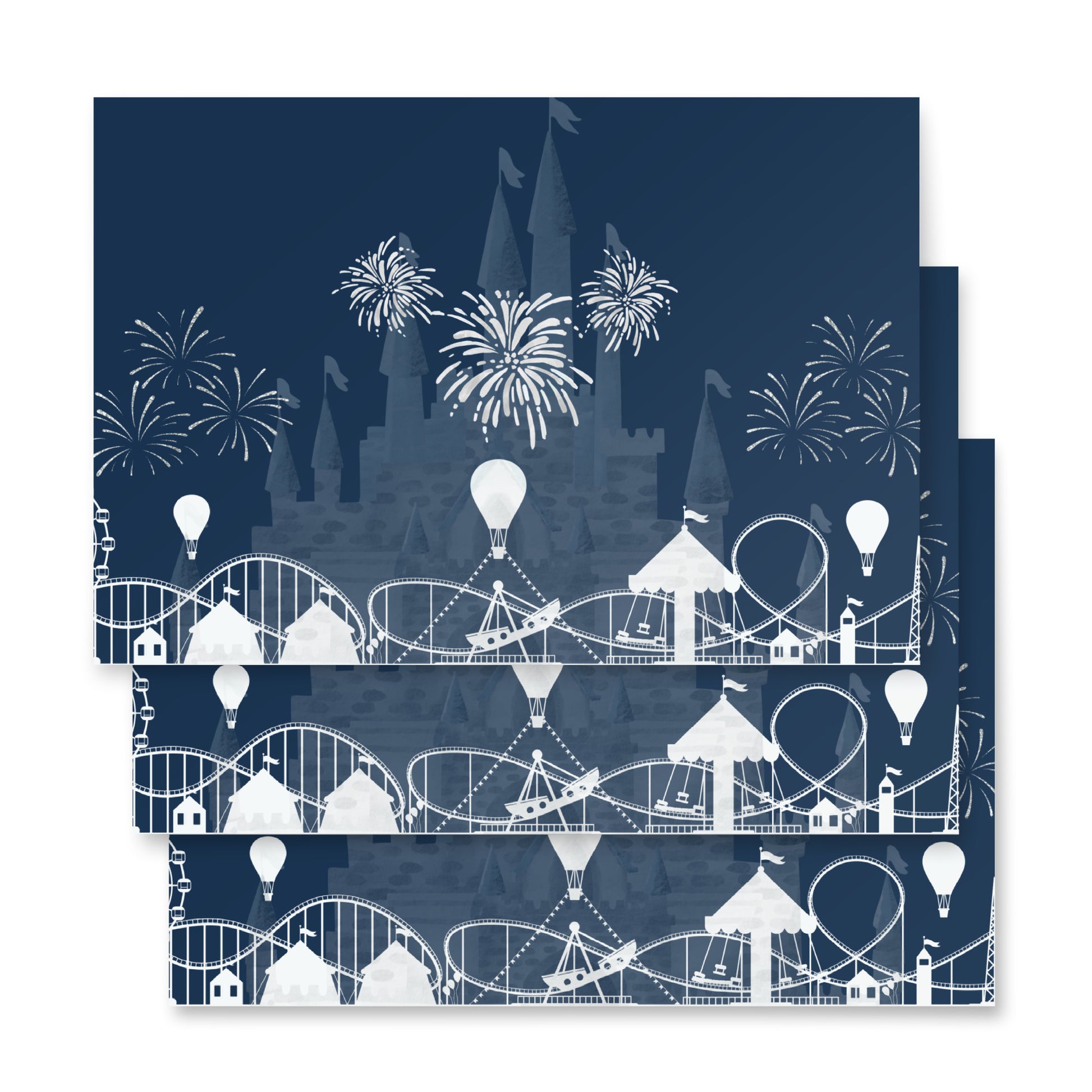 Design of amusement park elements on a blue background with white illustrations.