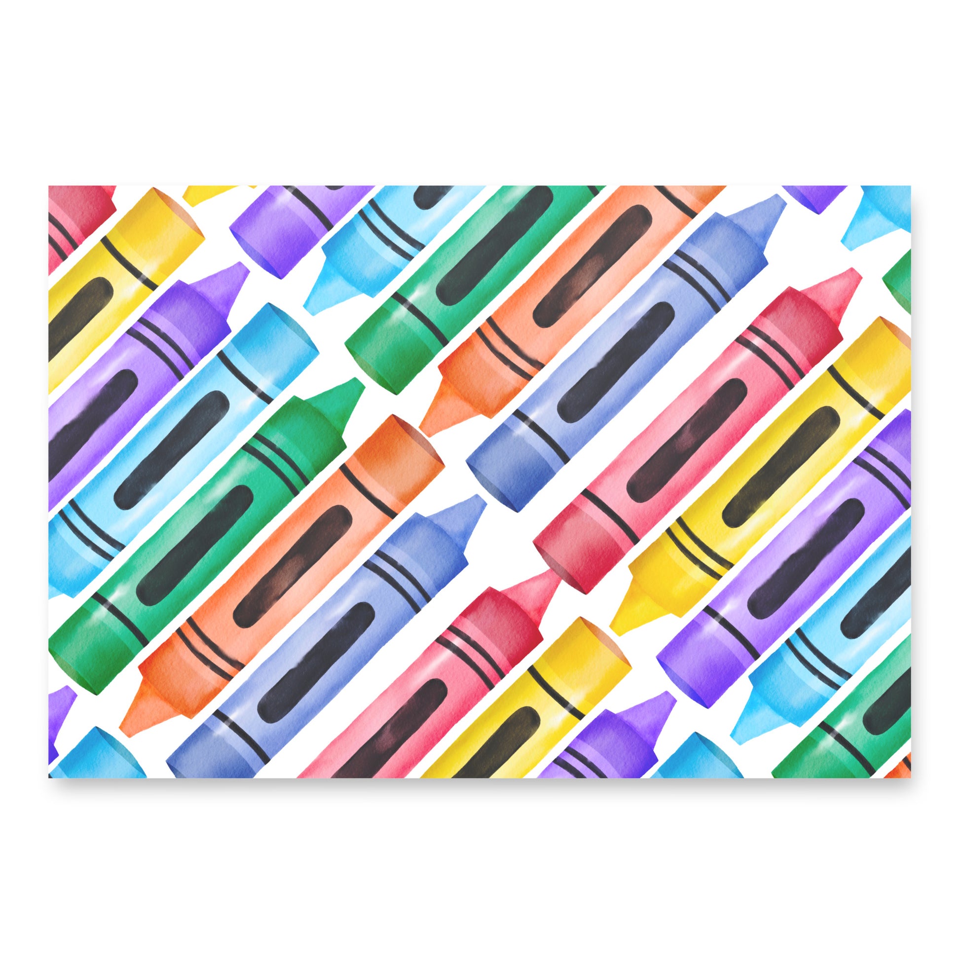 Pattern of colorful crayons on a white background