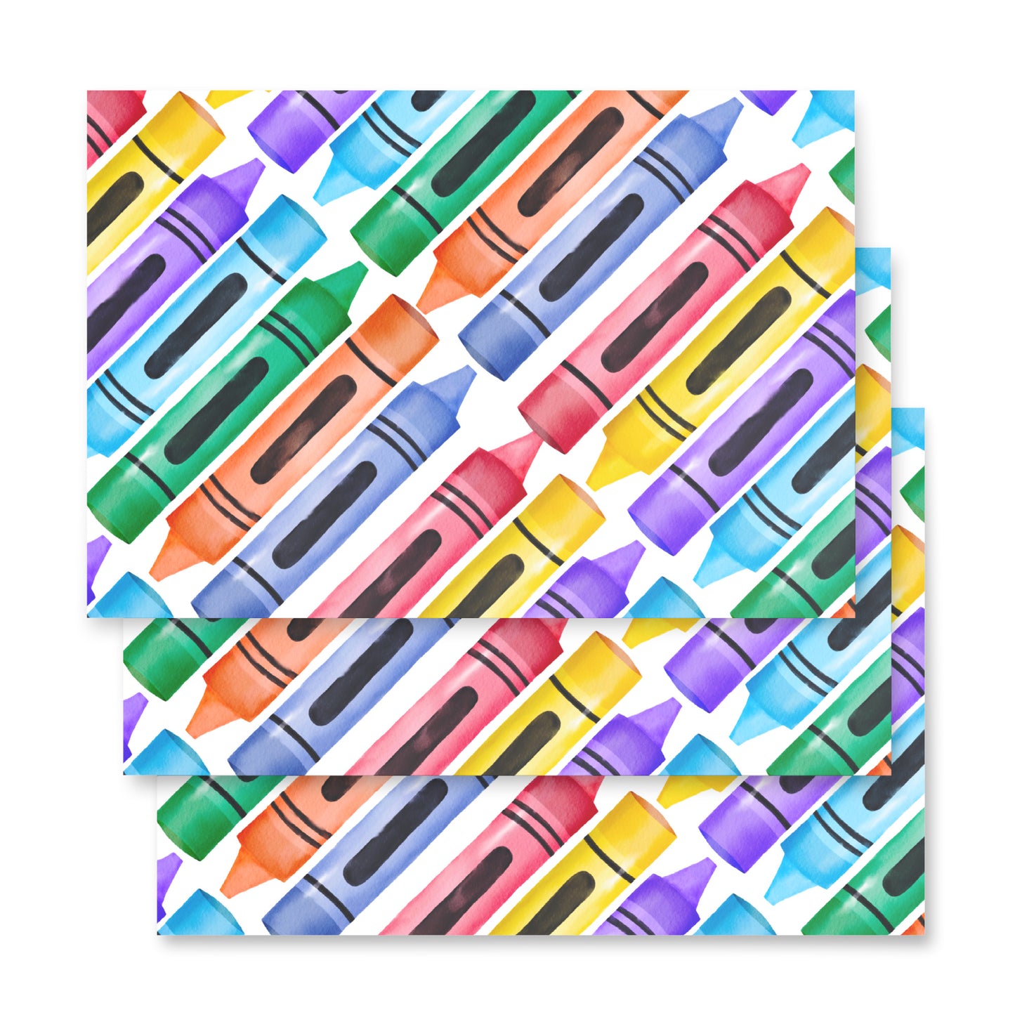 Pattern of colorful crayons on a white background