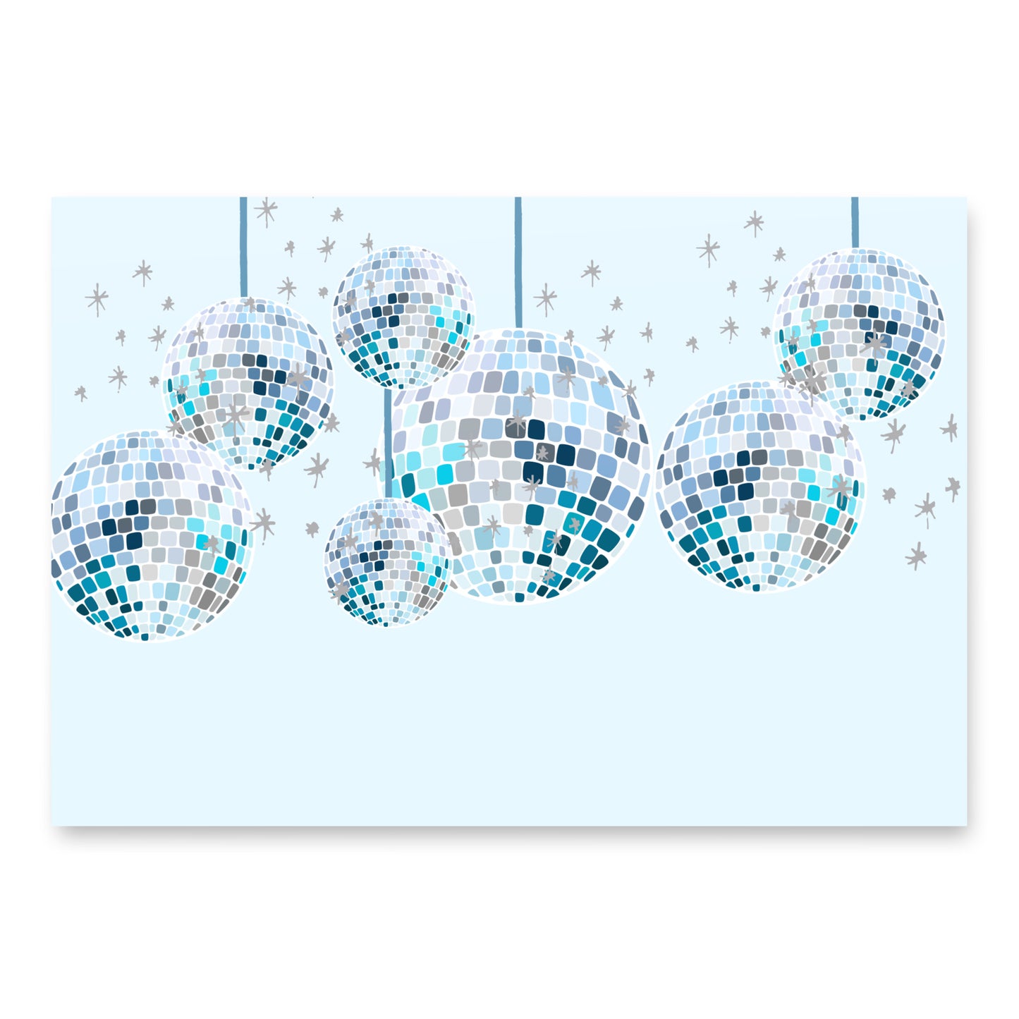 Disco ball design on a light blue background with stars