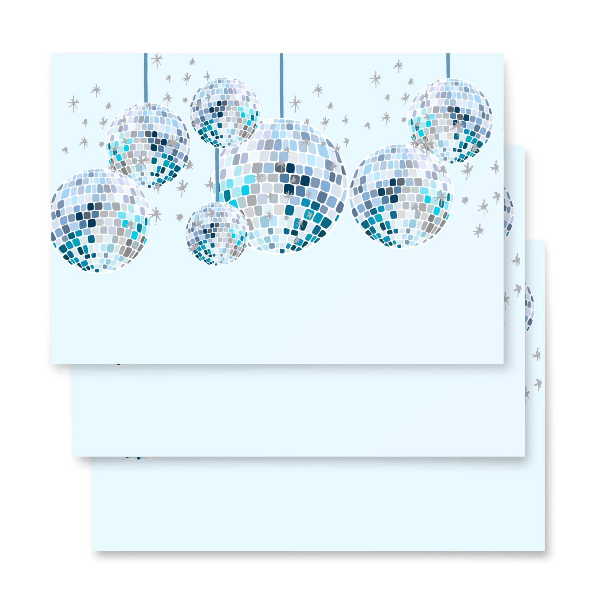 wrapping paper with disco ball design on a light blue background