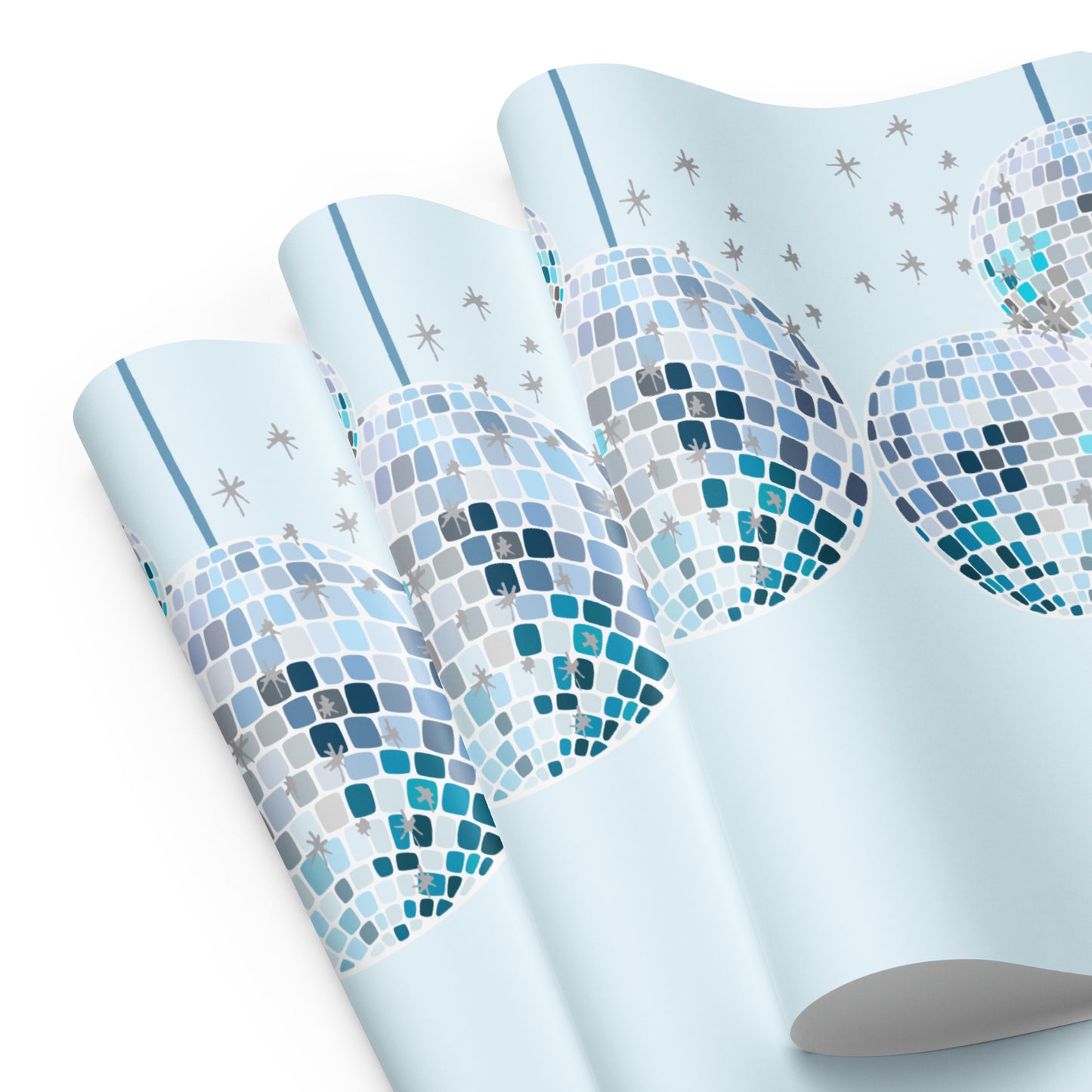 Roll of decorative paper with blue and gray mosaic pattern on a white background