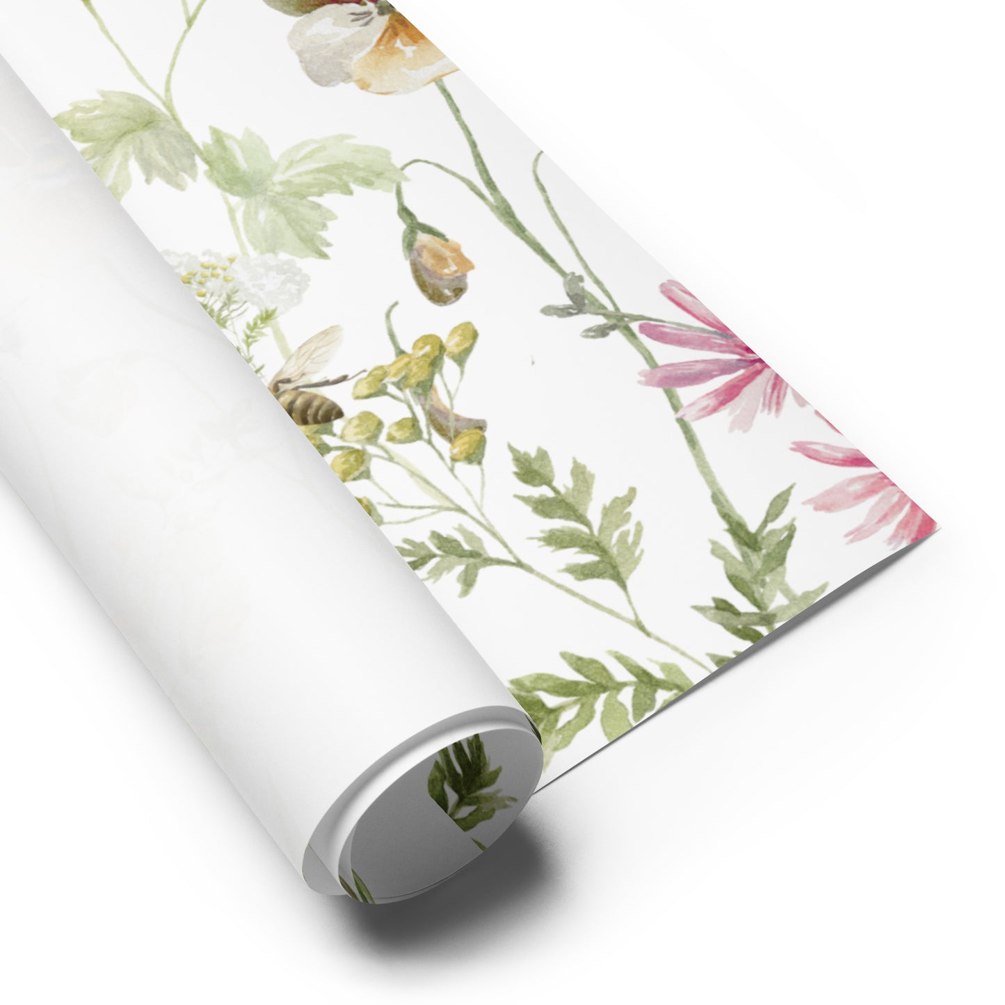 Roll of floral wallpaper with pink and green flowers on a white background