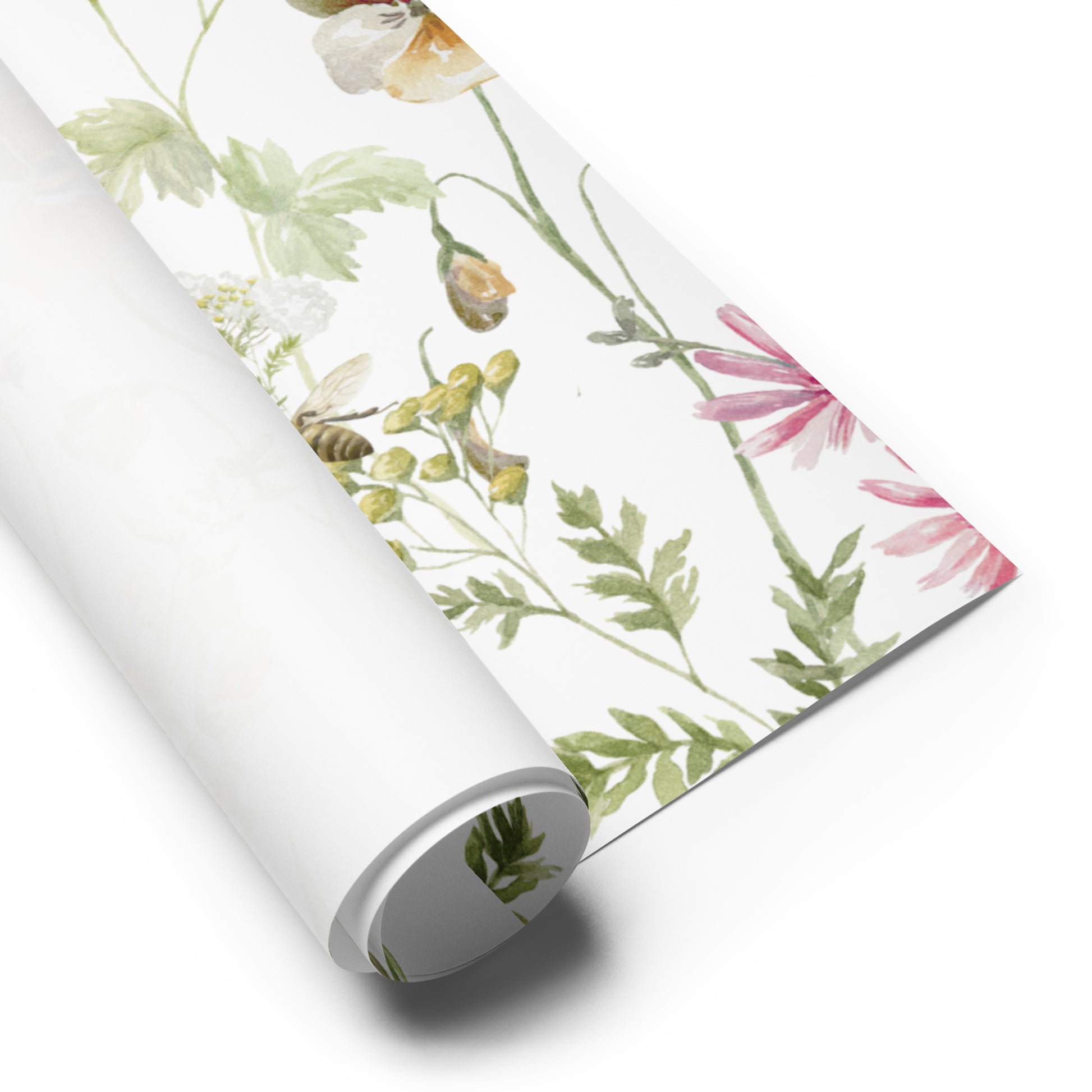 Roll of floral wallpaper with pink and green flowers on a white background