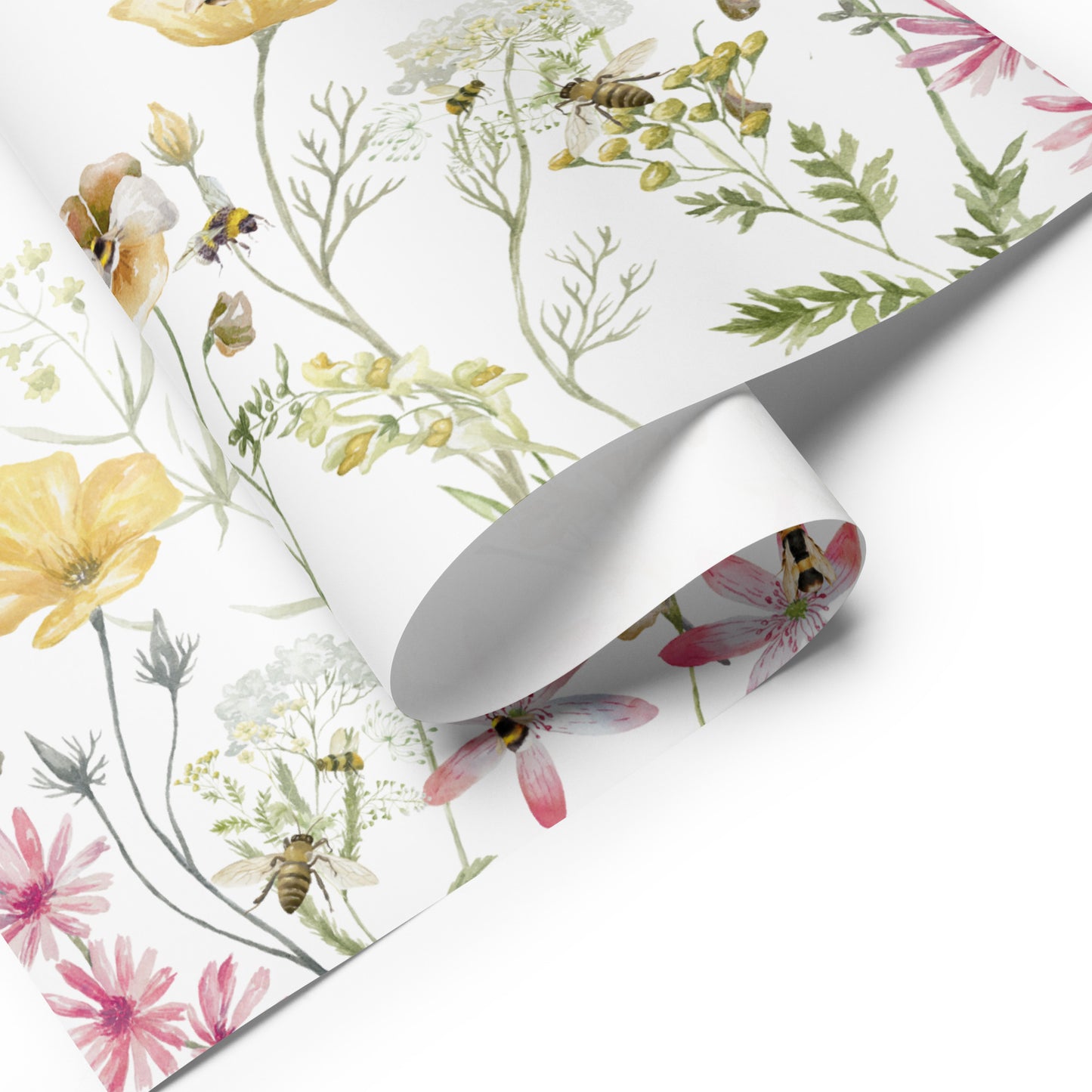 Roll of floral wallpaper with bees on a white background