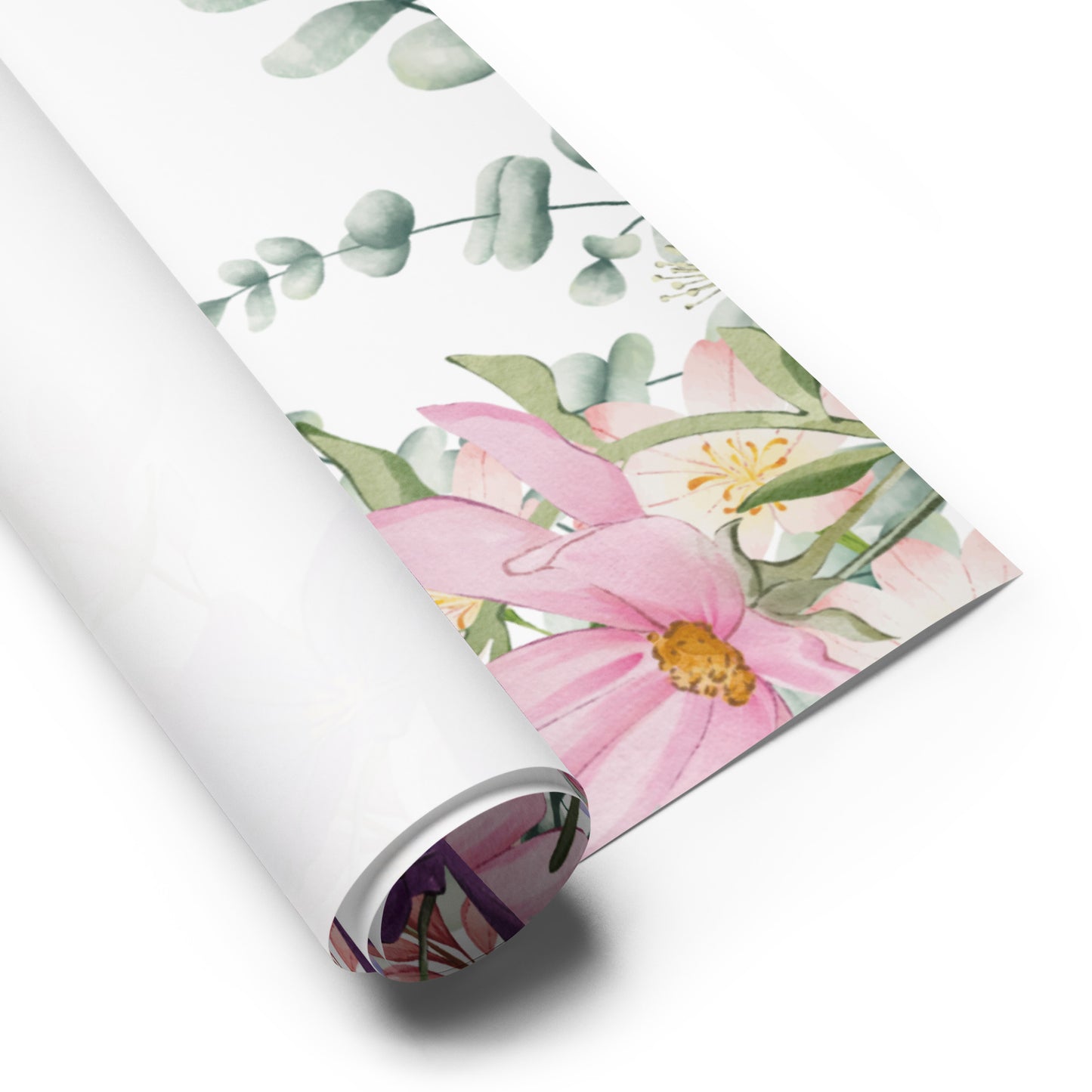 Roll of floral-patterned paper with pink flowers and green leaves on a white background