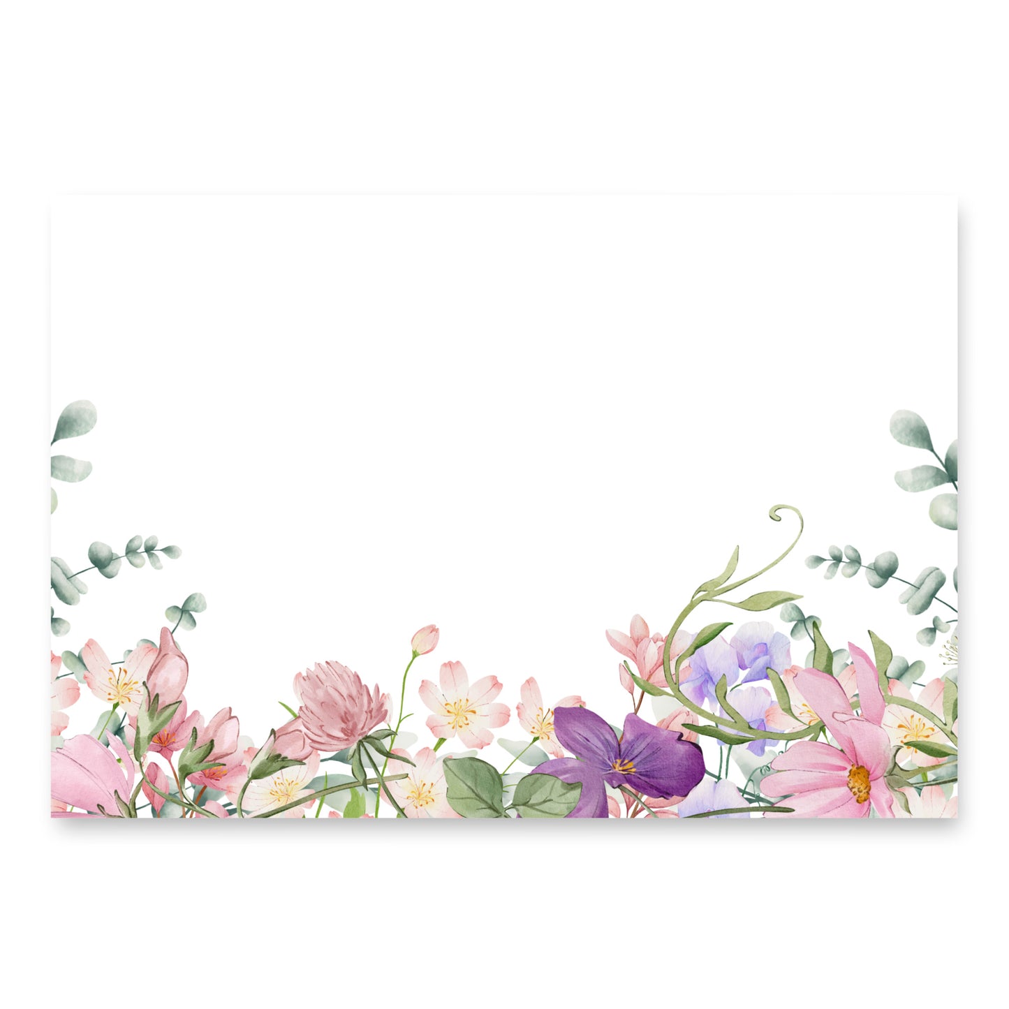 Floral border with pink, purple, and white flowers on a white background