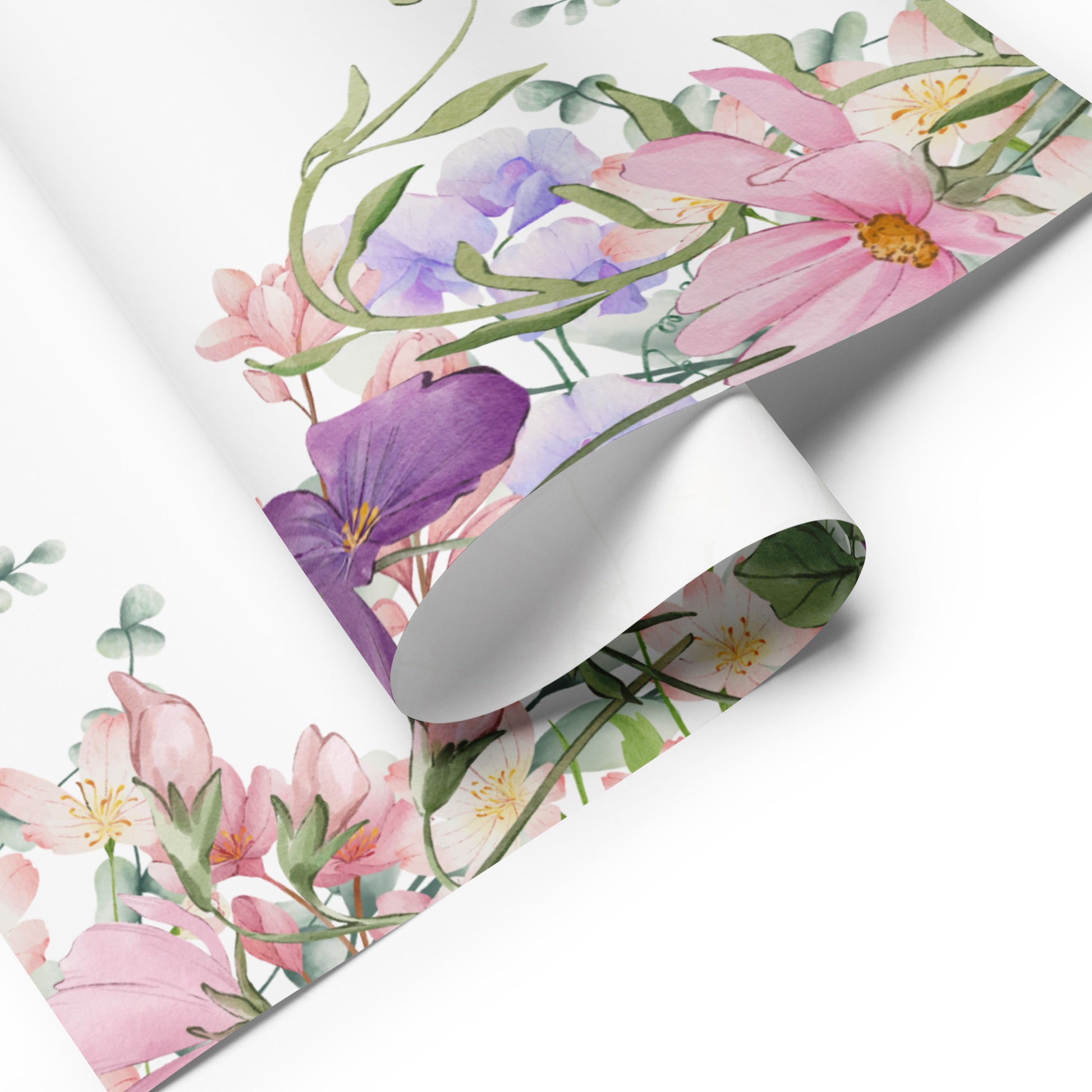 Floral wrapping paper with pink and purple flowers on a white background