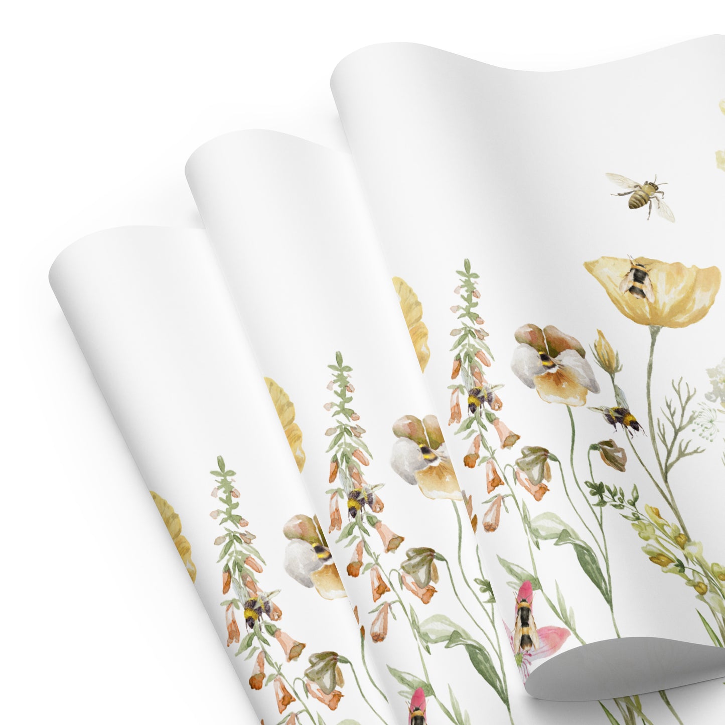 Floral-patterned paper with bees on a white background