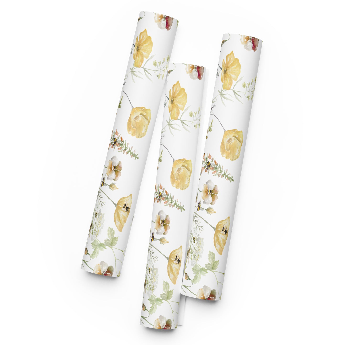 Three rolls of floral-patterned paper on a white background