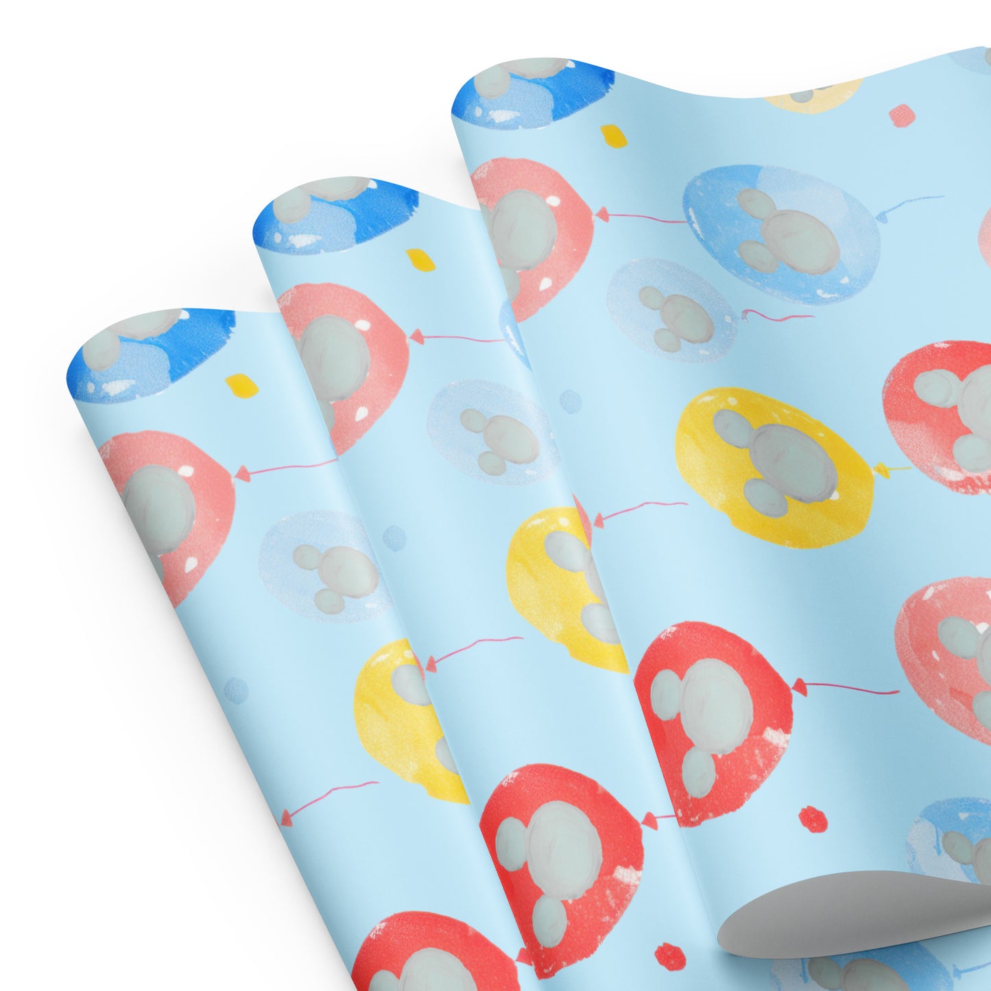 Roll of blue wrapping paper with cartoon character balloons on a white background
