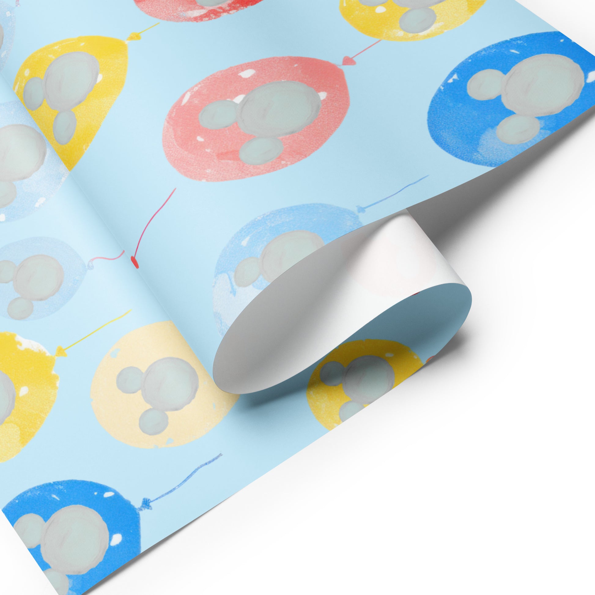 Children's birthday party decoration paper with balloons and a teddy bear on a light blue background.