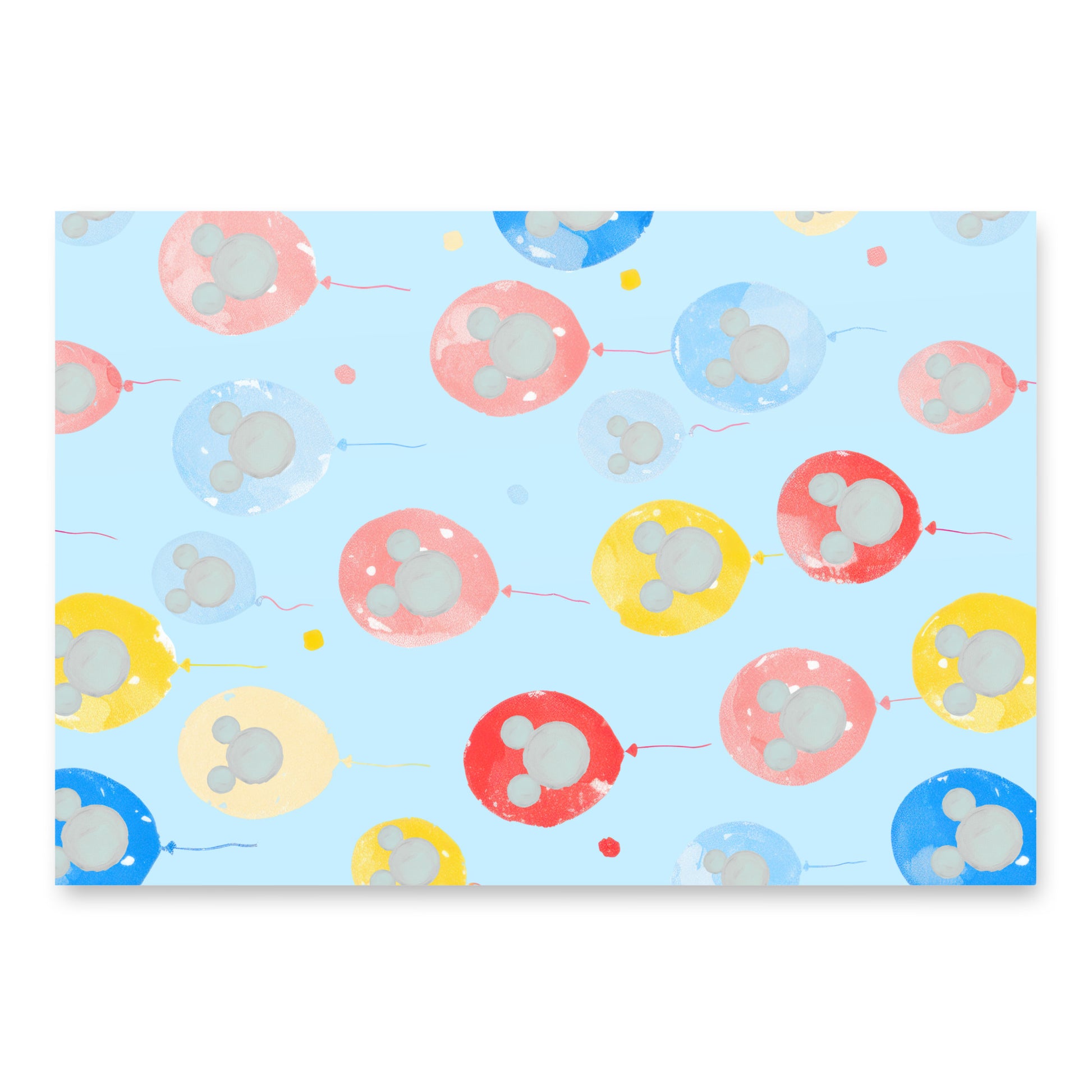 Patterned paper with colorful balloons and mouse faces on a blue background