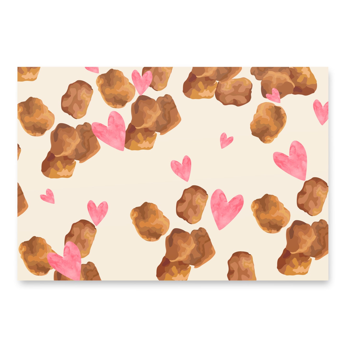 Pattern of chicken nuggets and pink hearts on a beige background