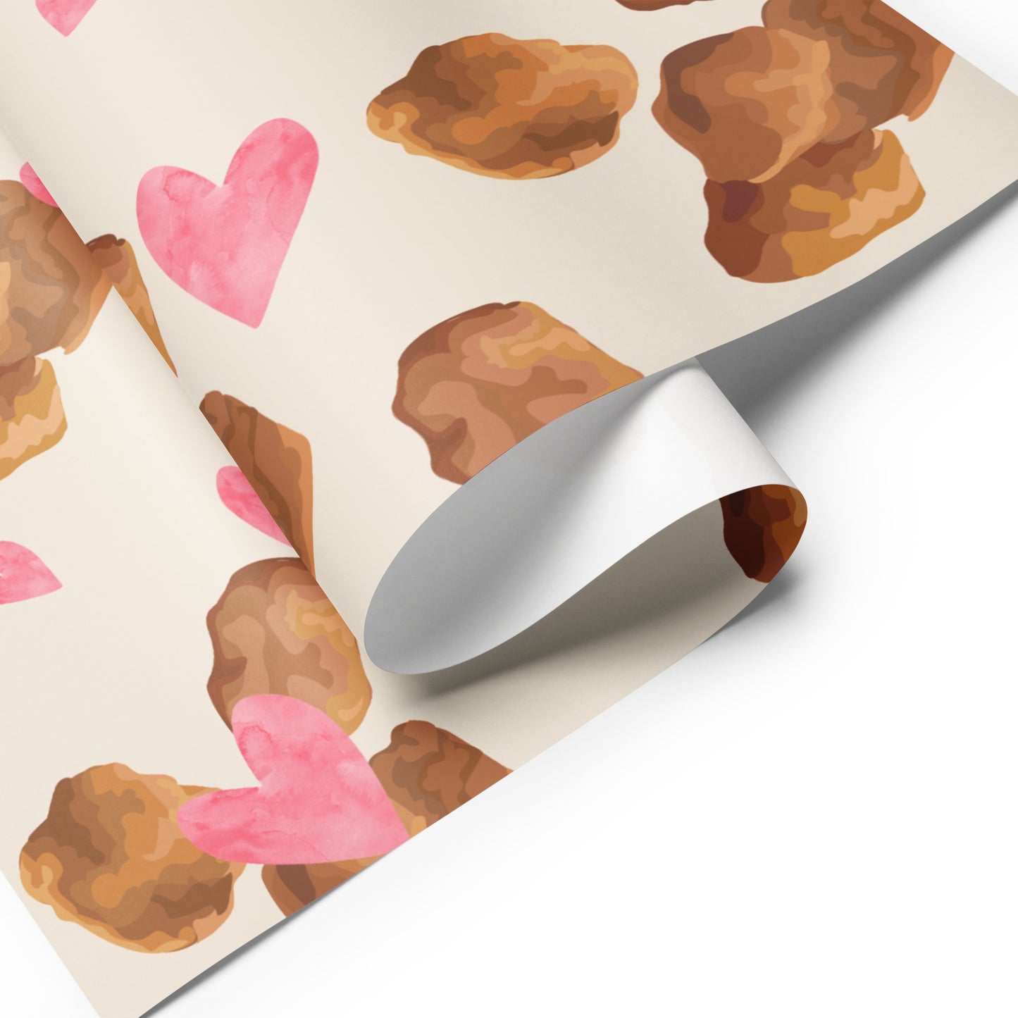 Roll of wrapping paper with chicken nugget and heart pattern
