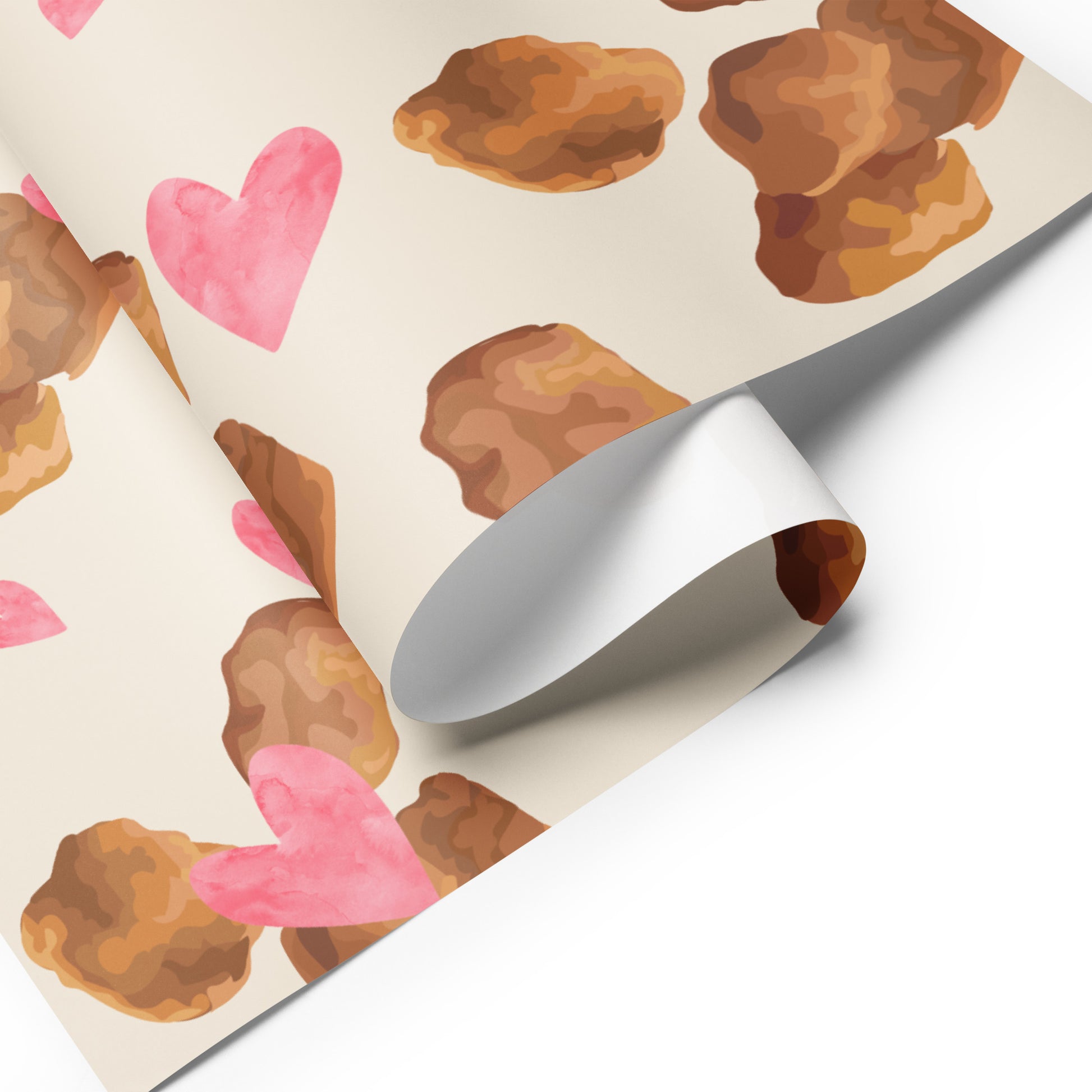 Roll of wrapping paper with chicken nugget and heart pattern