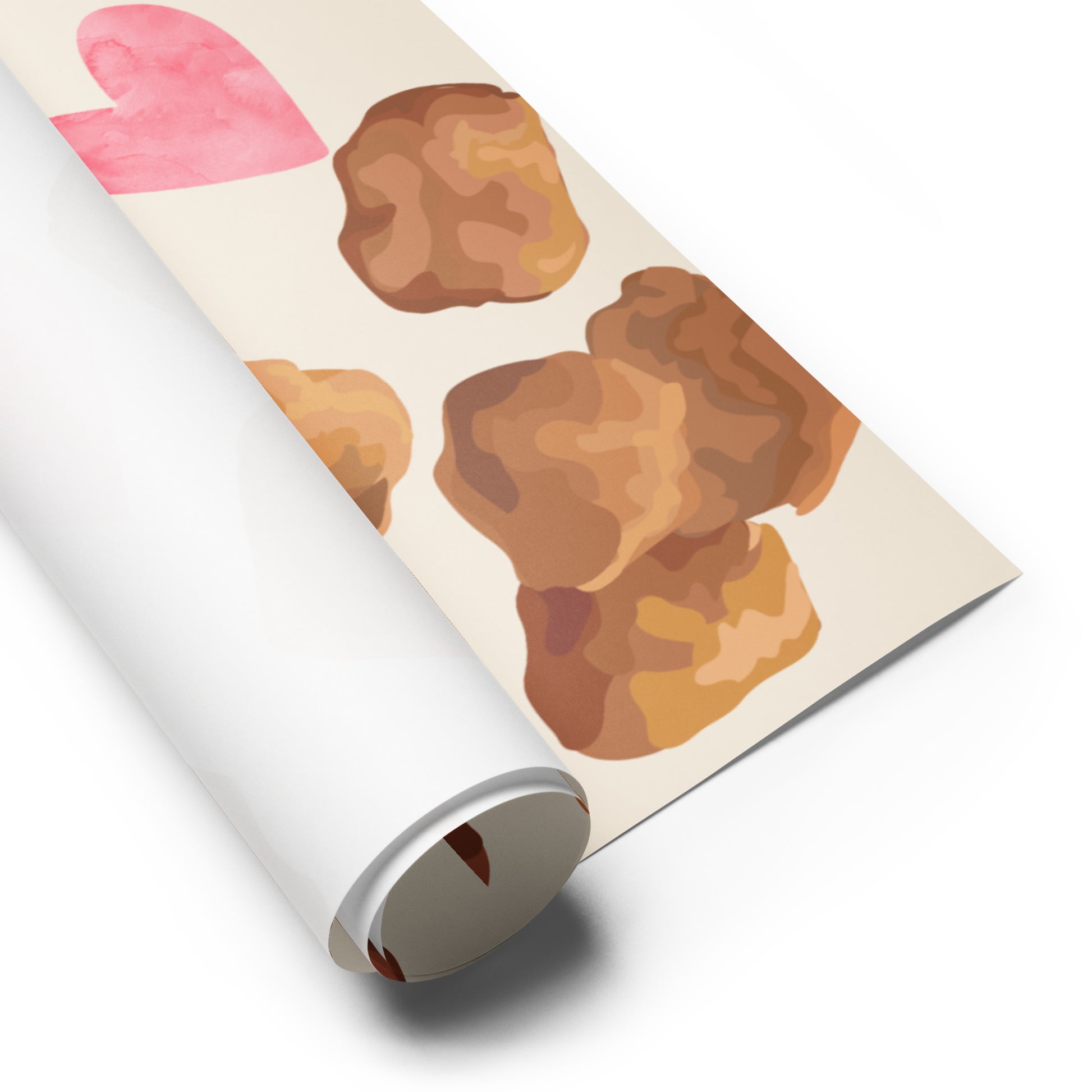 Roll of wrapping paper with chicken nugget pattern on a white background