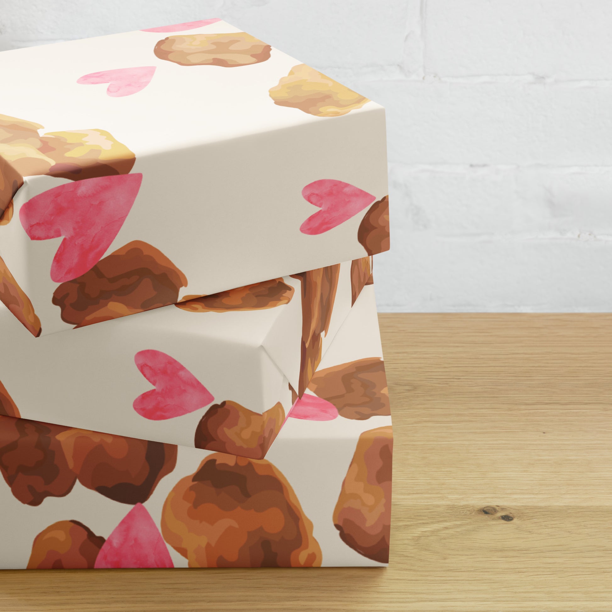 Gift box with chicken nugget pattern on a wooden surface