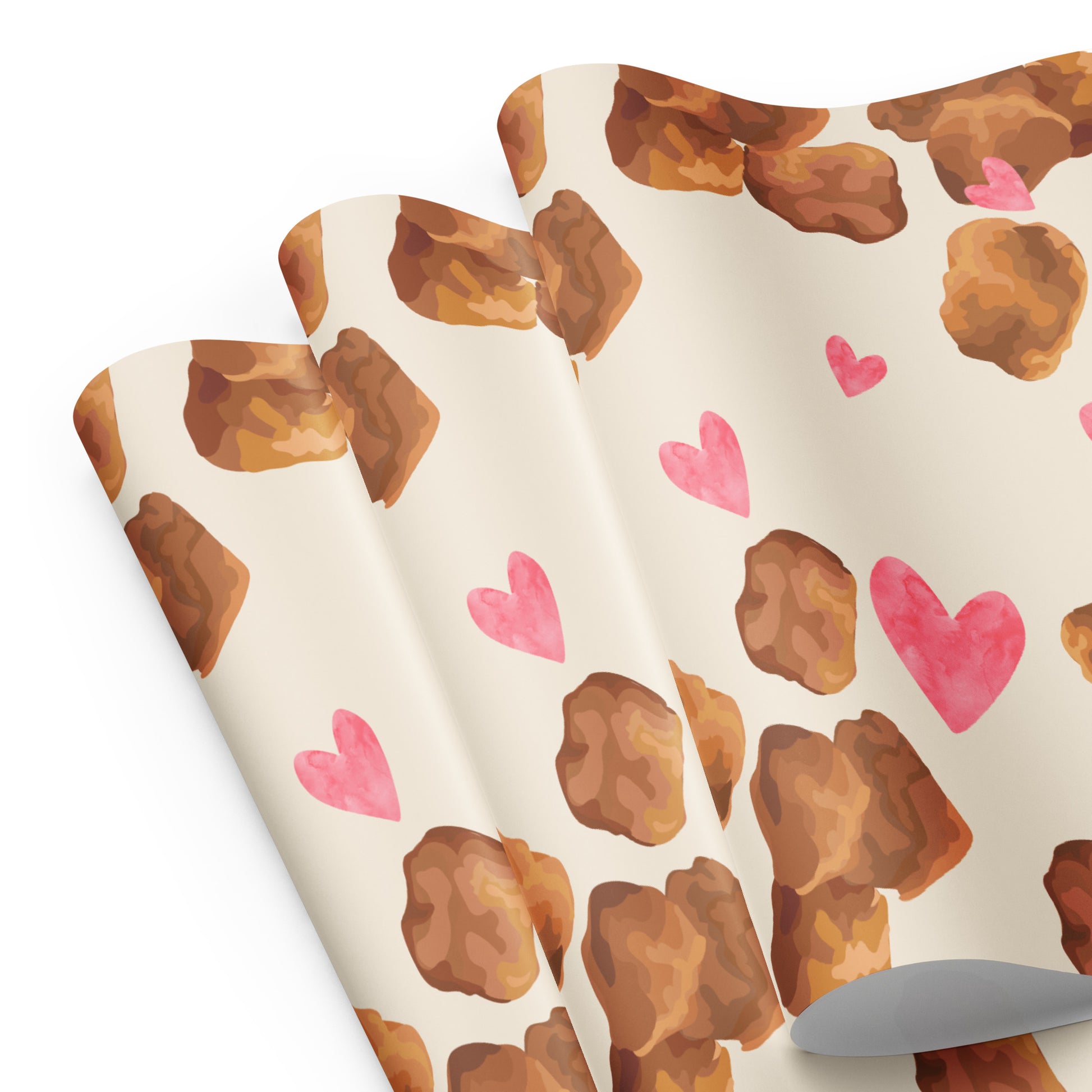three sheets of paper with a brown abstract pattern and pink hearts on a white background.