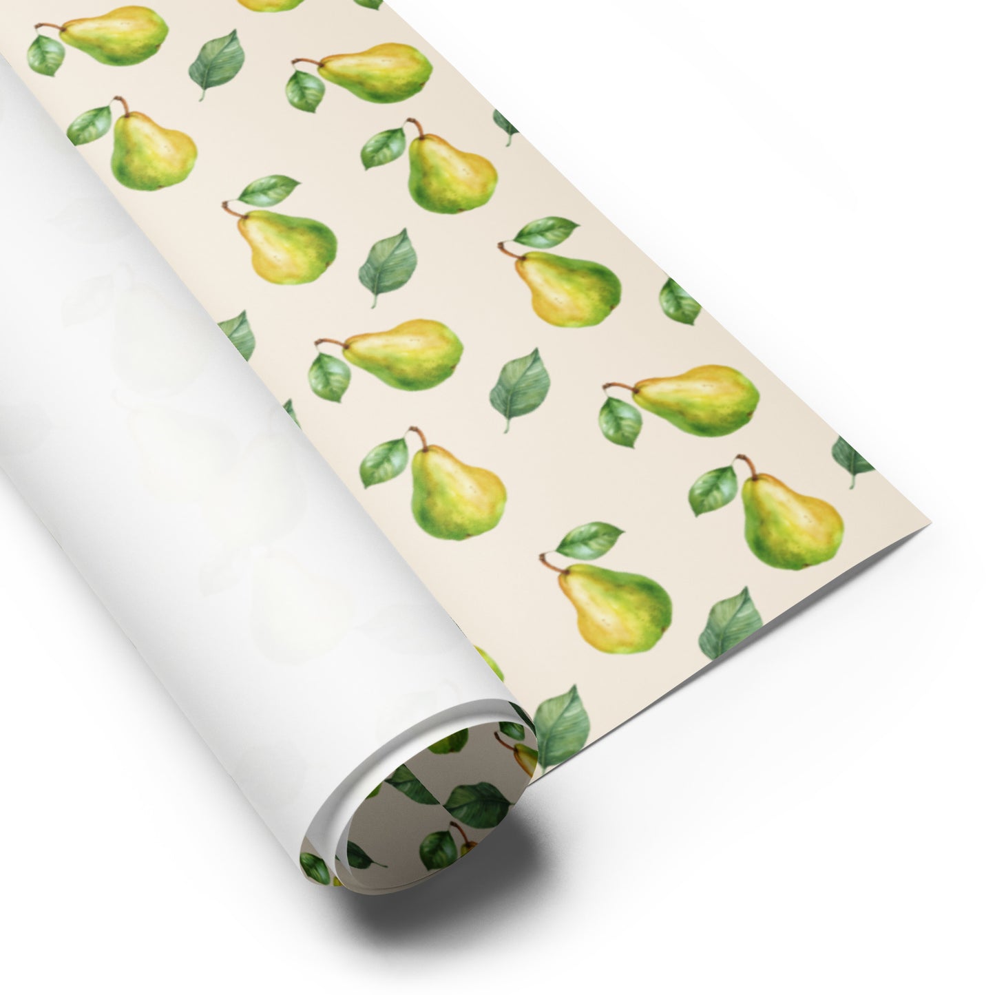 Roll of paper with green pear pattern on a white background
