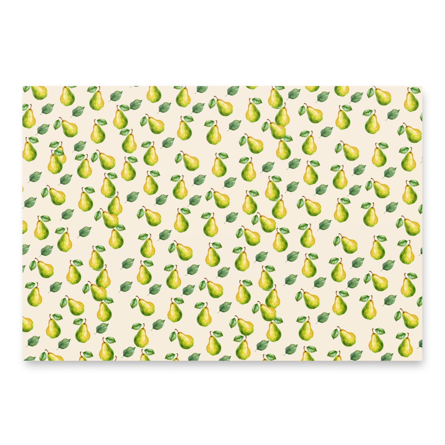 Pattern of green pears with leaves on a beige background