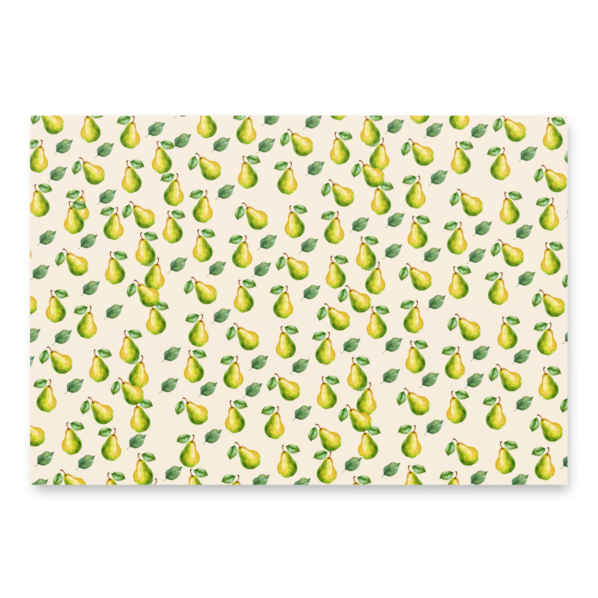 Pattern of green pears with leaves on a beige background