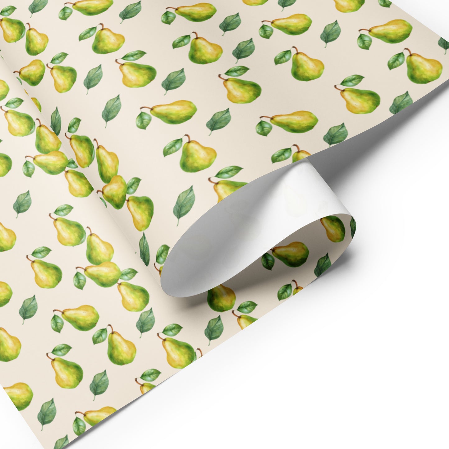 Roll of wrapping paper with green pear pattern on a beige background