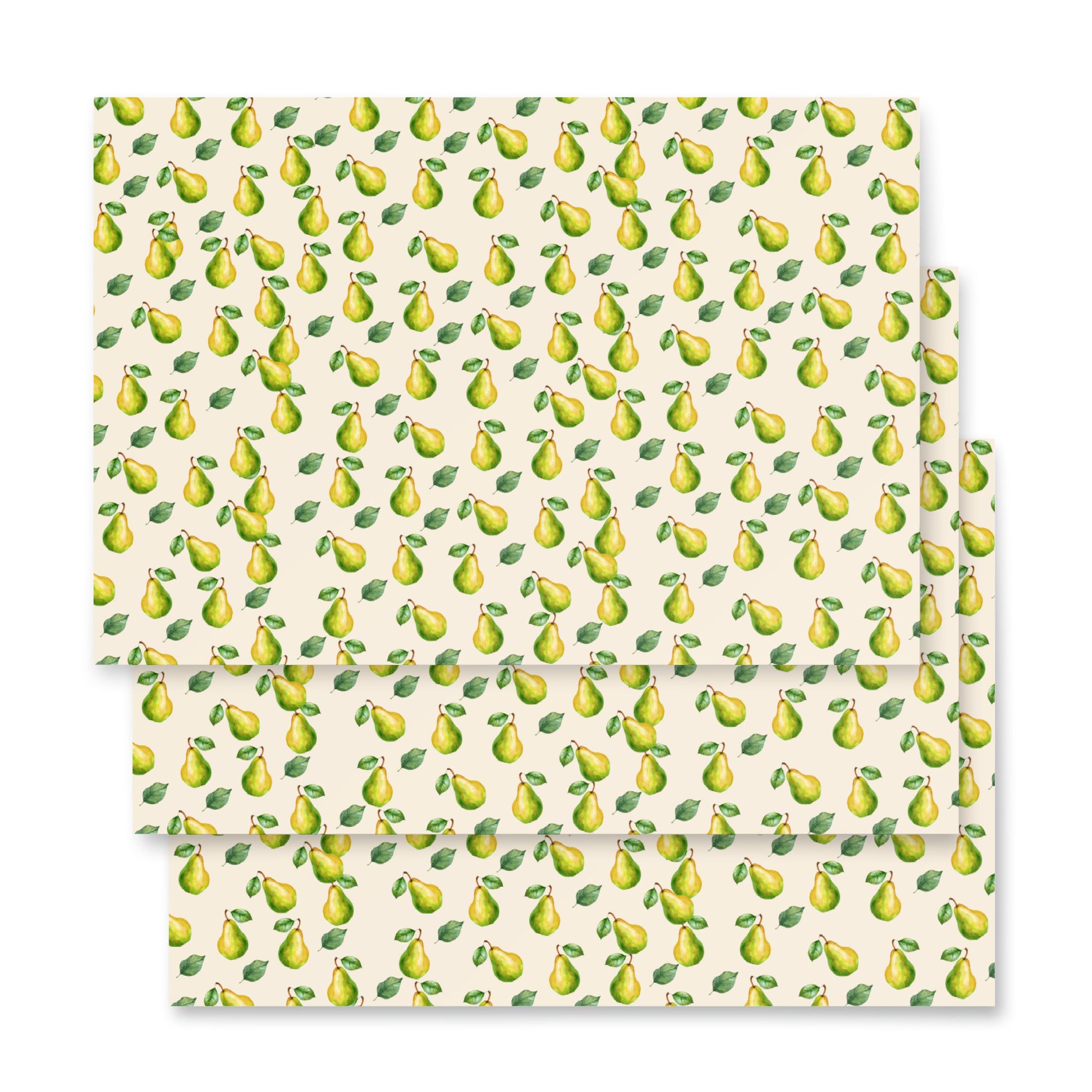 Gift wrap with green pear pattern on a white background