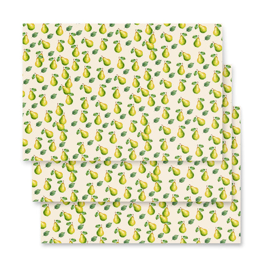 Gift wrap with green pear pattern on a white background