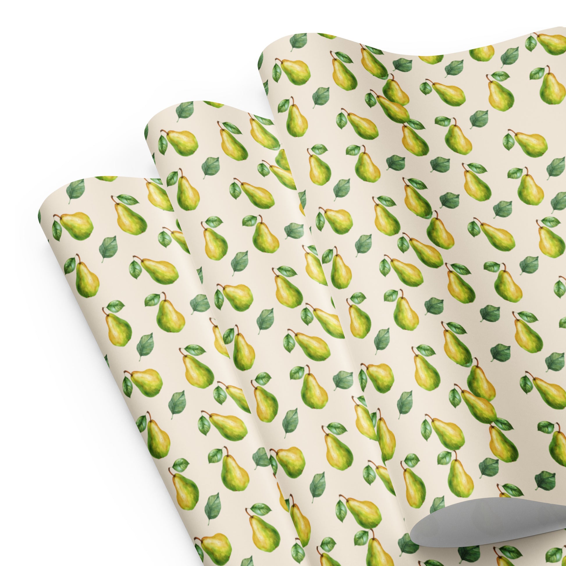three sheets of paper with green pear pattern on a white background