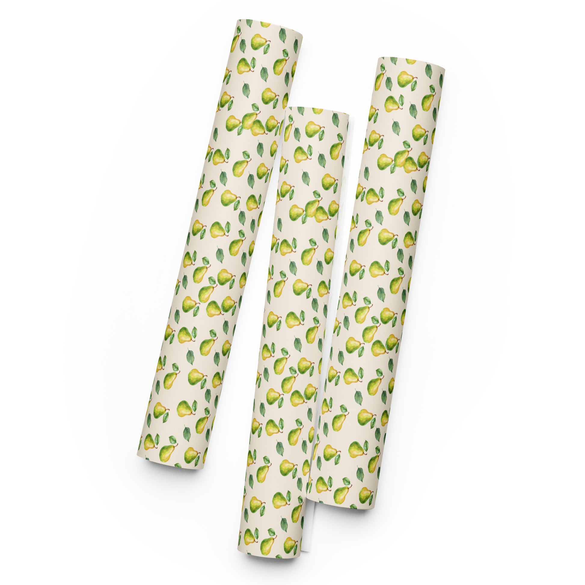 Three rolls of paper with pear pattern on a white background