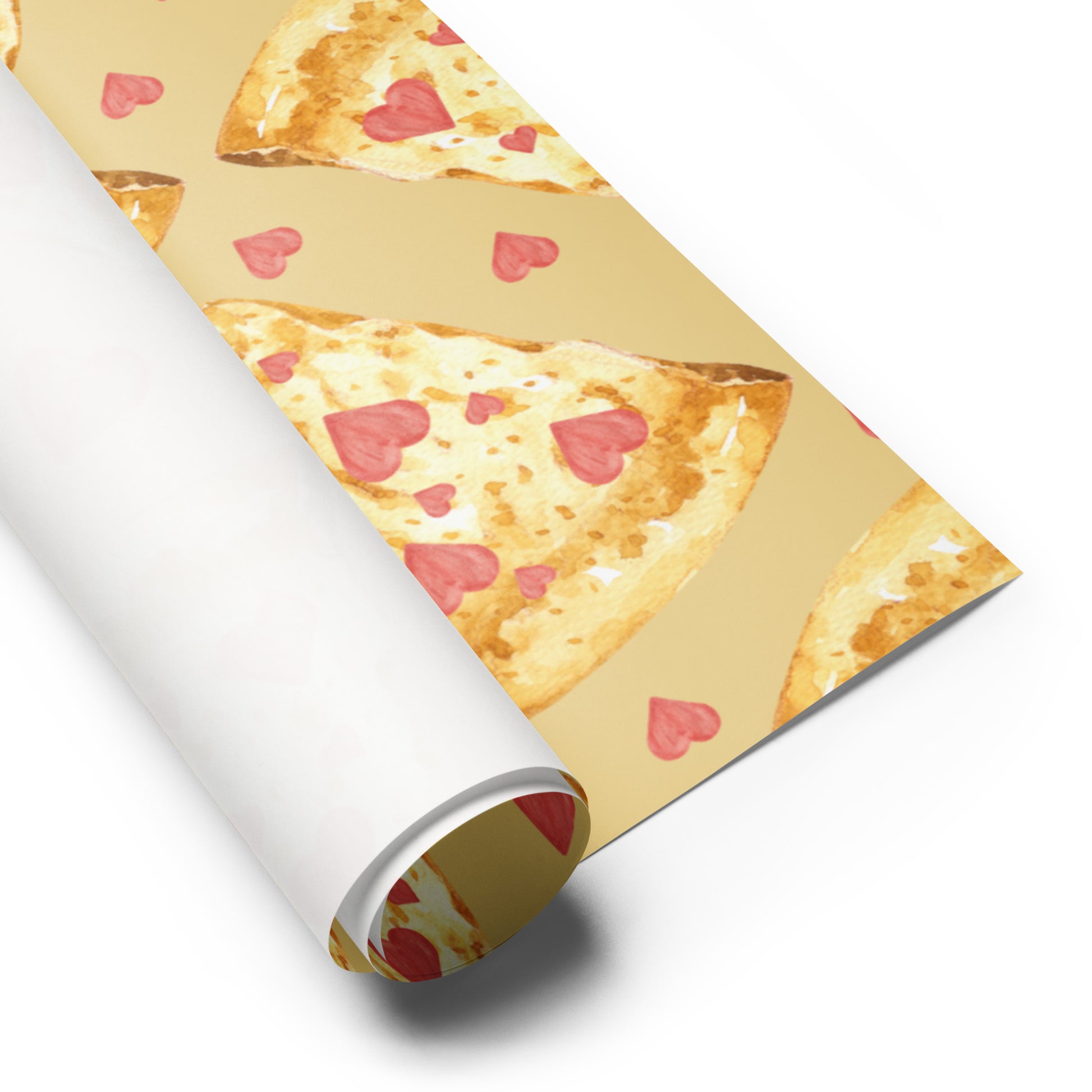 Roll of pizza-themed wrapping paper with heart shapes on a white background