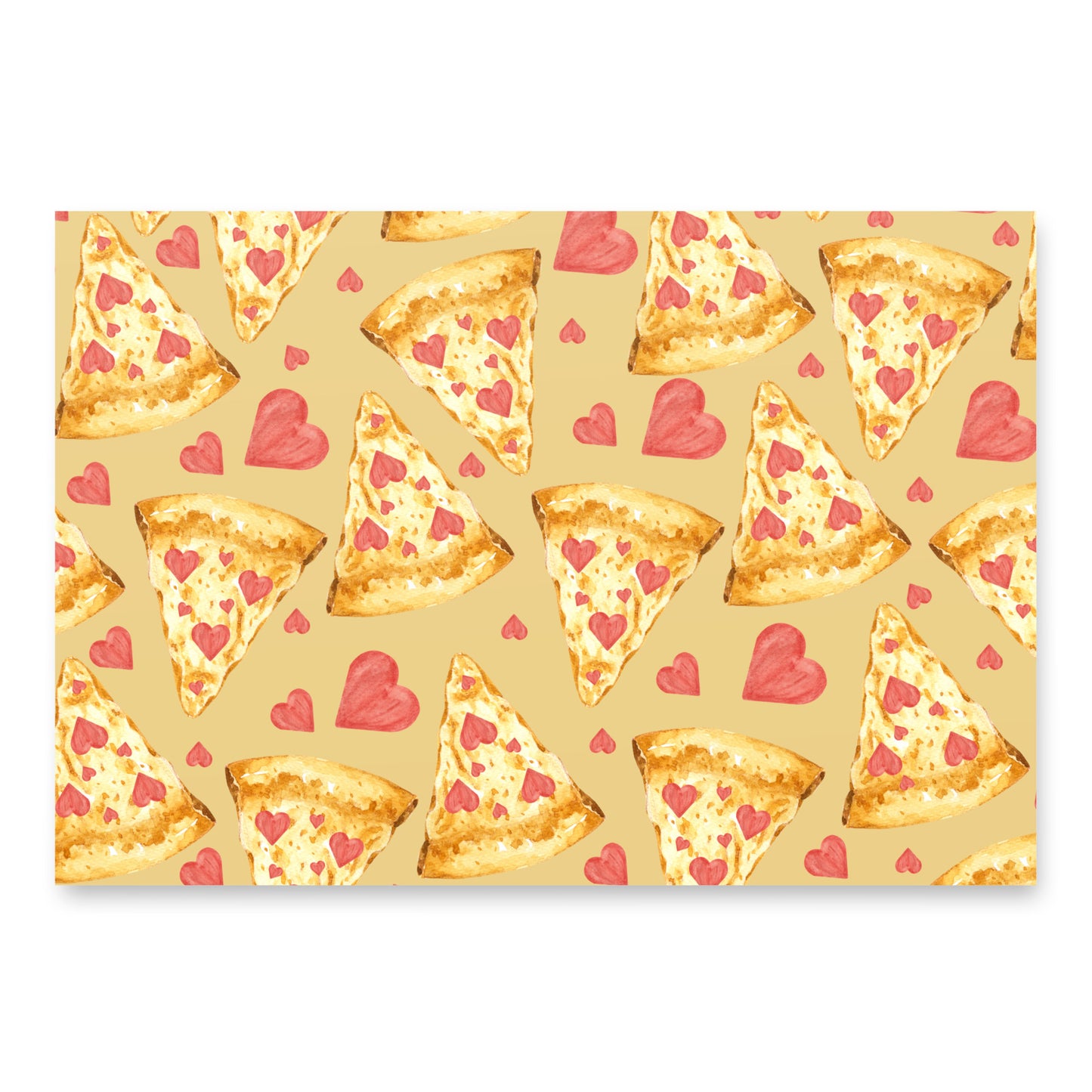 Pattern of pizza slices and hearts on a beige background