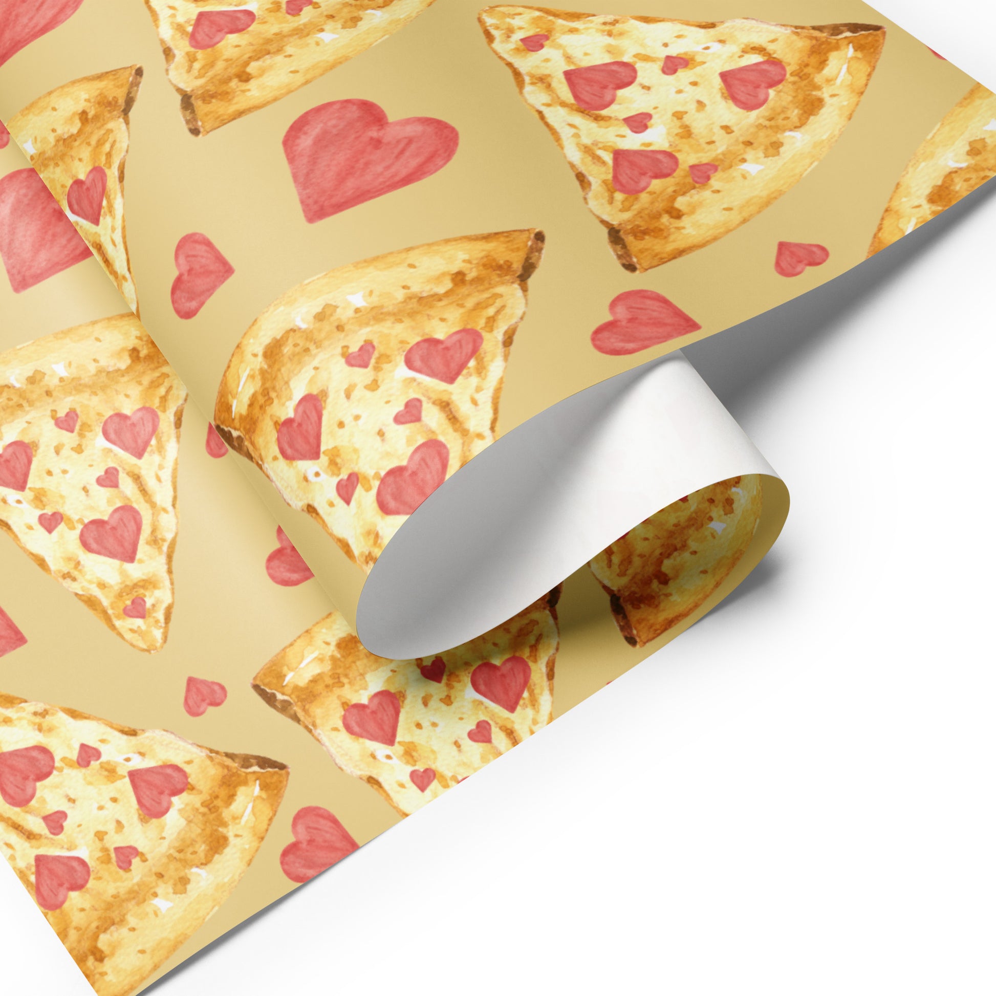 Roll of paper with pizza slices and hearts pattern on a beige background