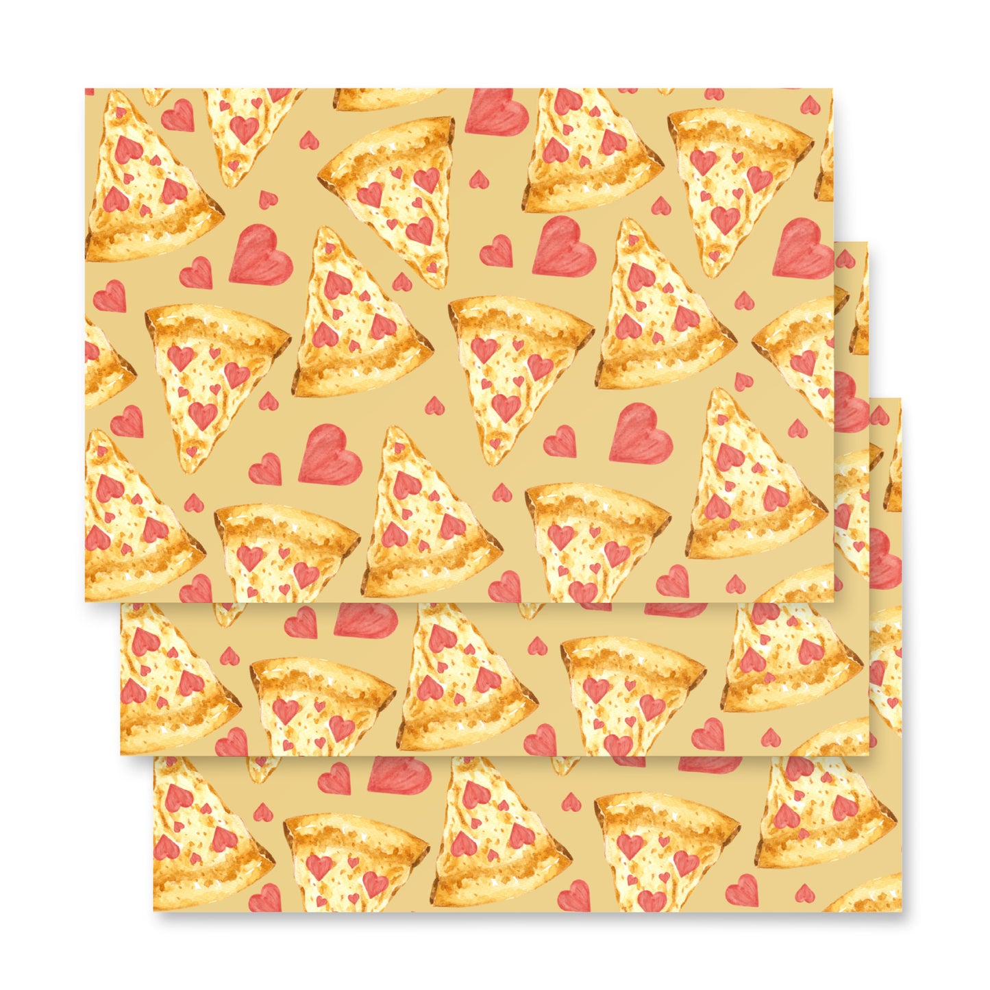 Patterned paper with pizza slices and hearts on a beige background