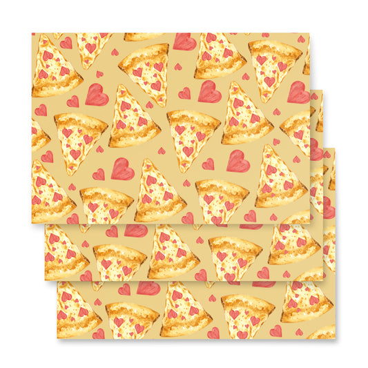 Patterned paper with pizza slices and hearts on a beige background