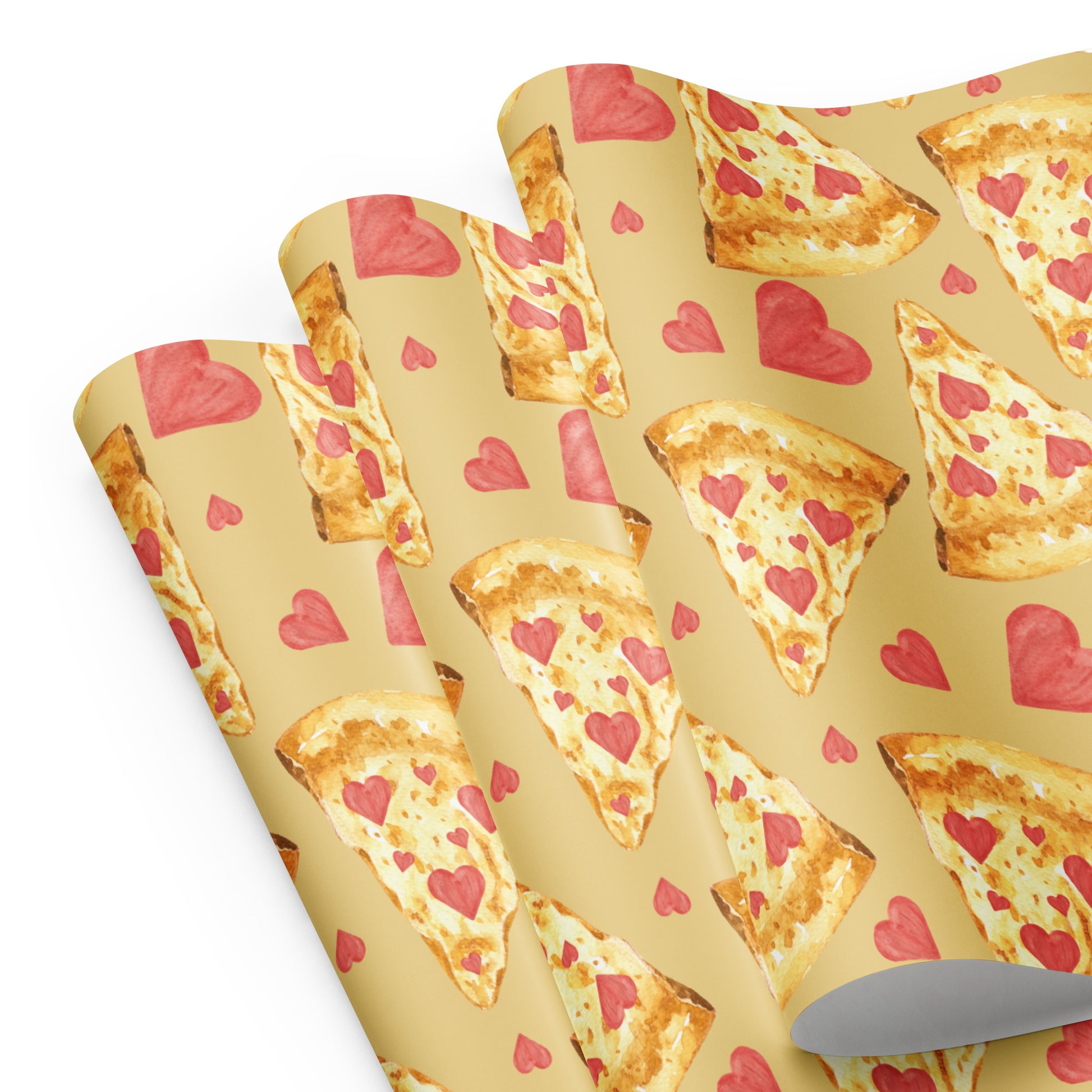 Pizza-themed placemats with heart patterns on a beige background