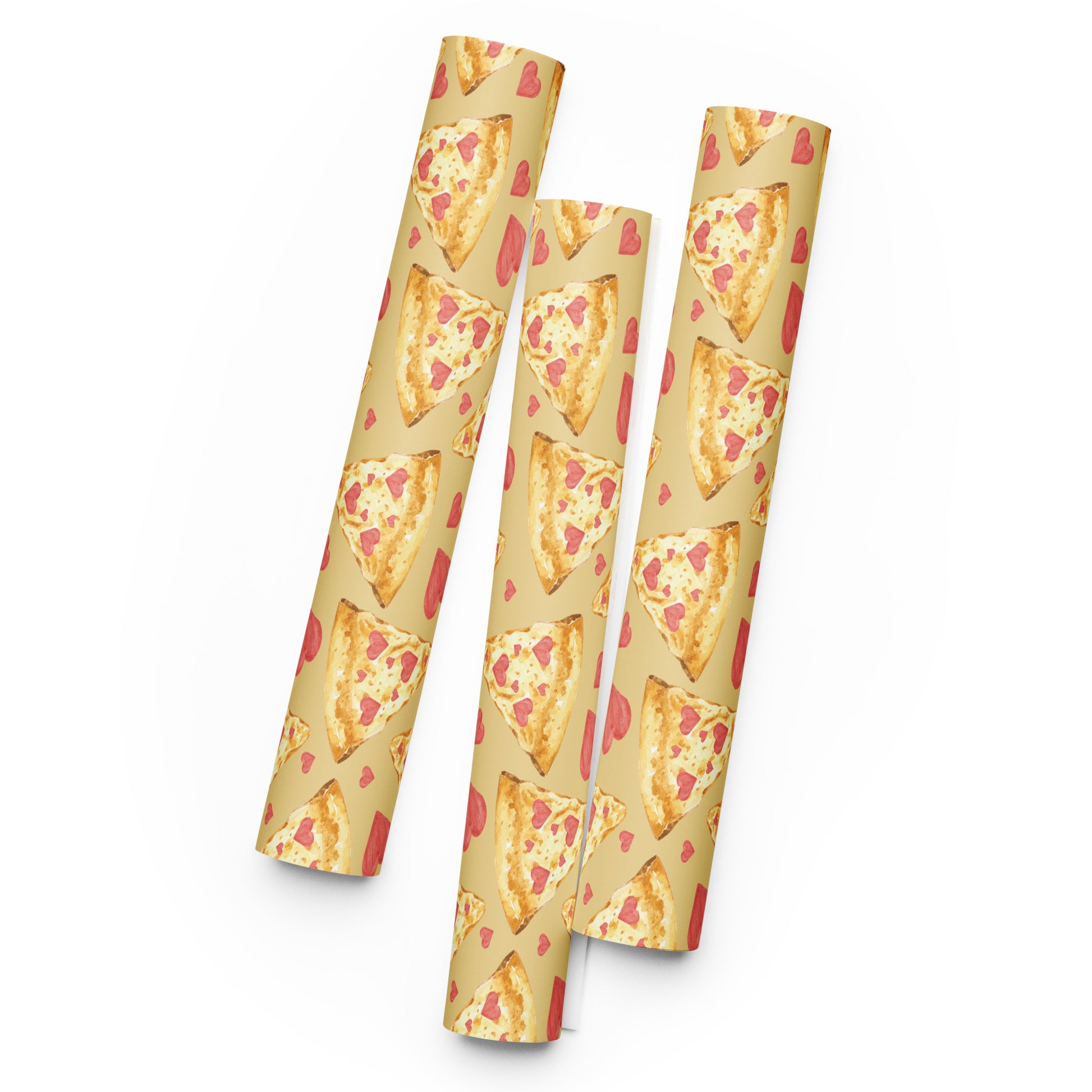 Three cylindrical tubes with pizza slice pattern on a white background
