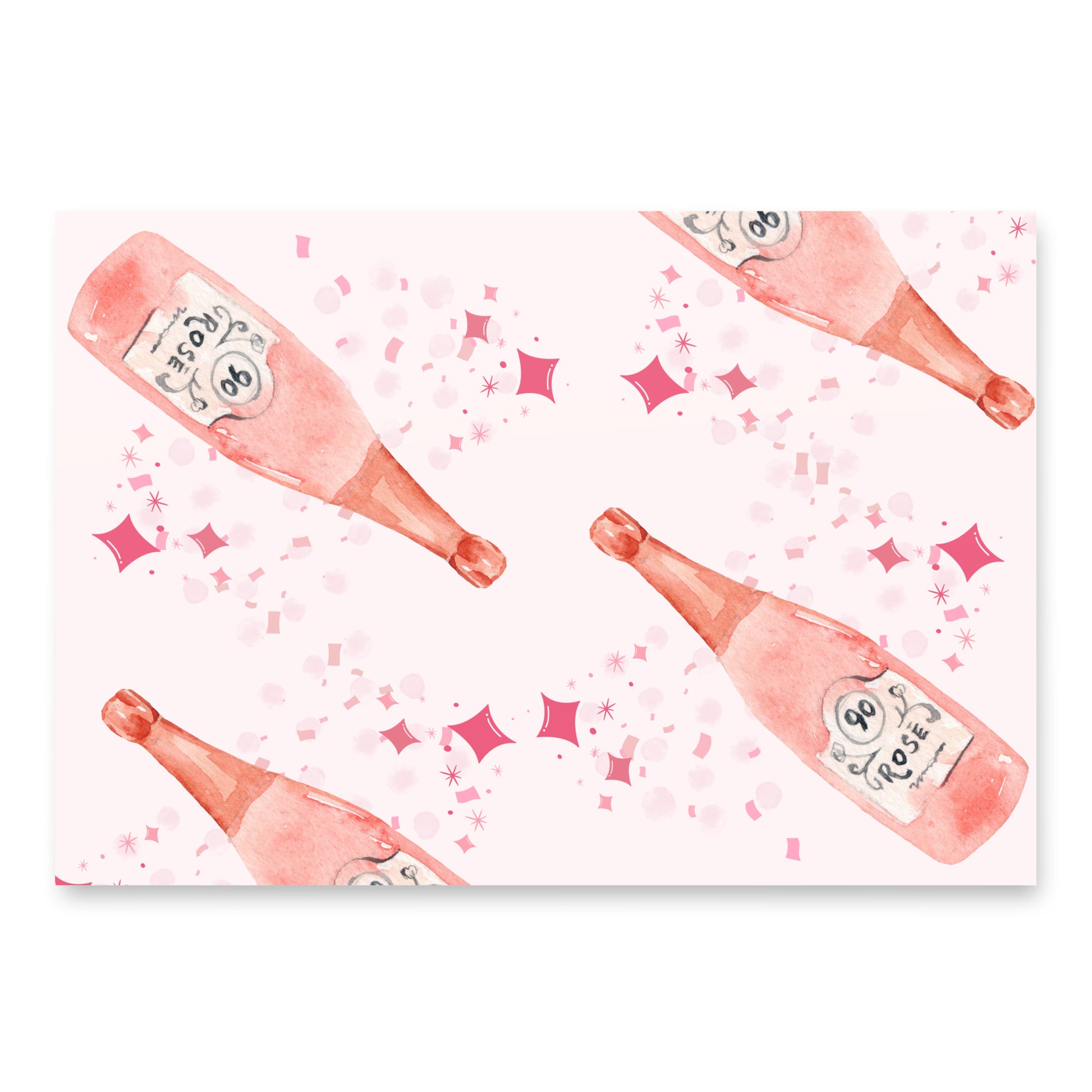 Illustration of pink champagne bottles with confetti on a white background