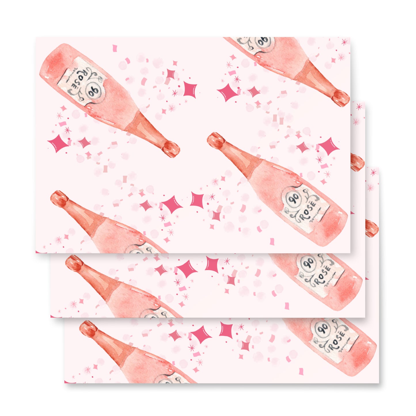 Pattern of pink champagne bottles and confetti on a white background
