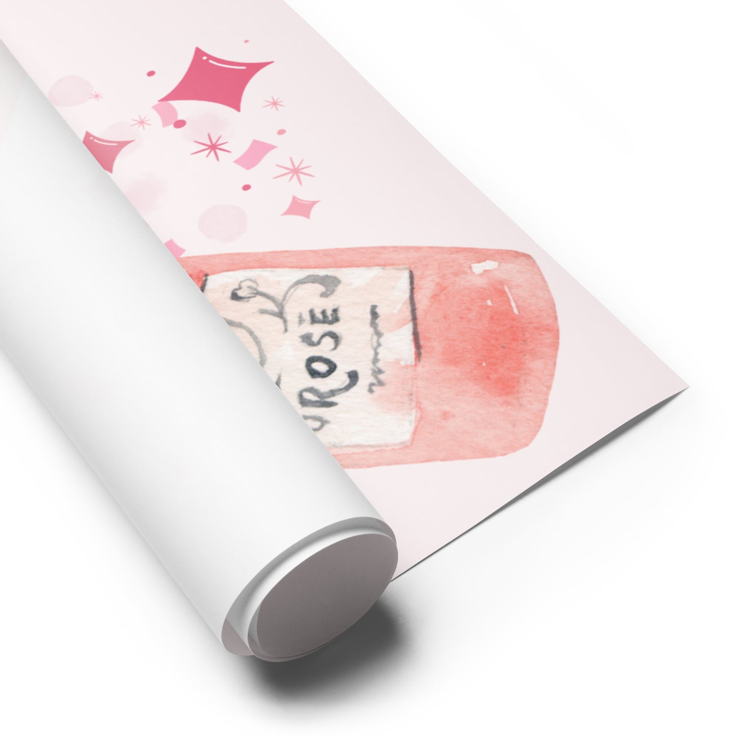 Roll of paper with a pink design and text on a white background