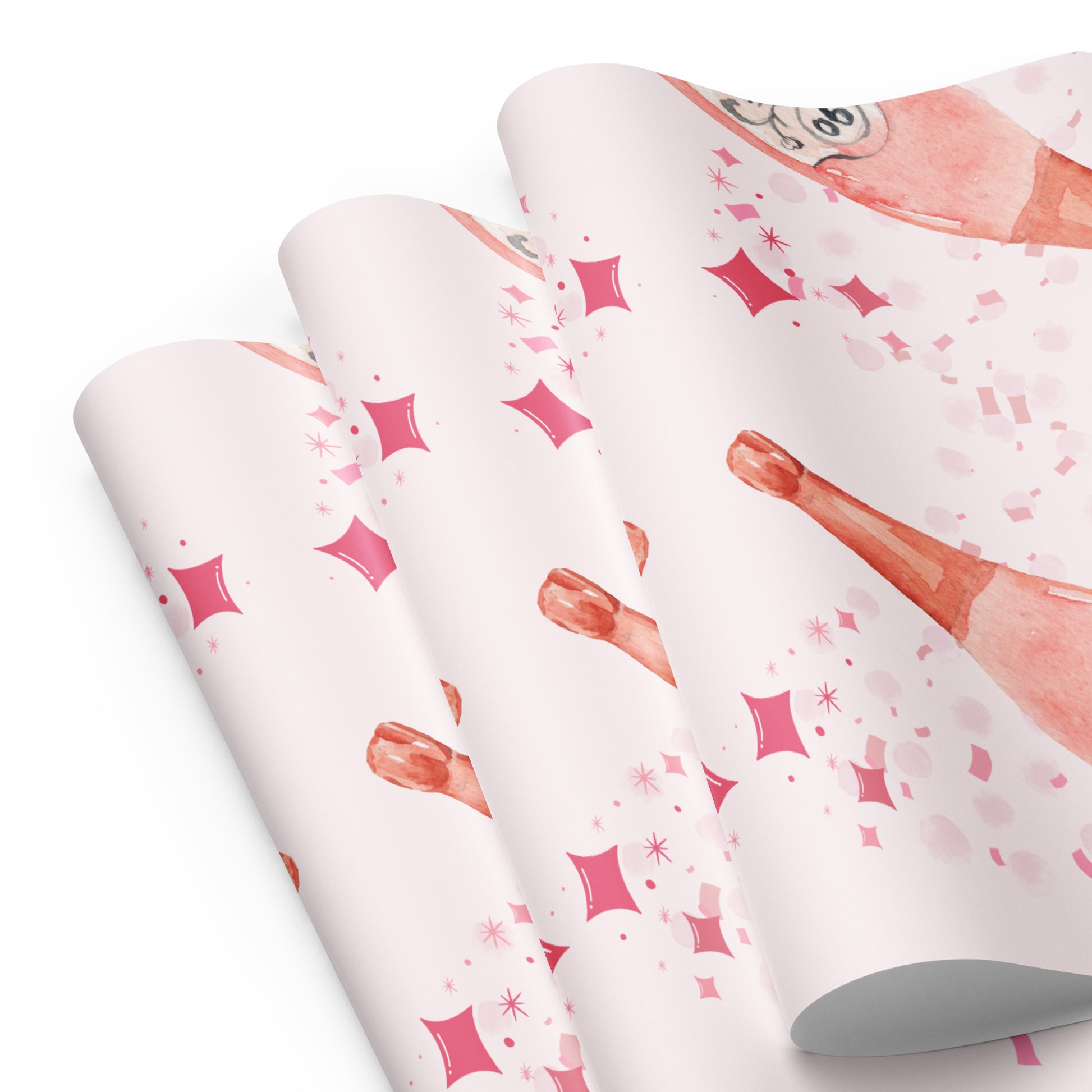 Rolls of pink and white patterned paper with a bottle design on a white background