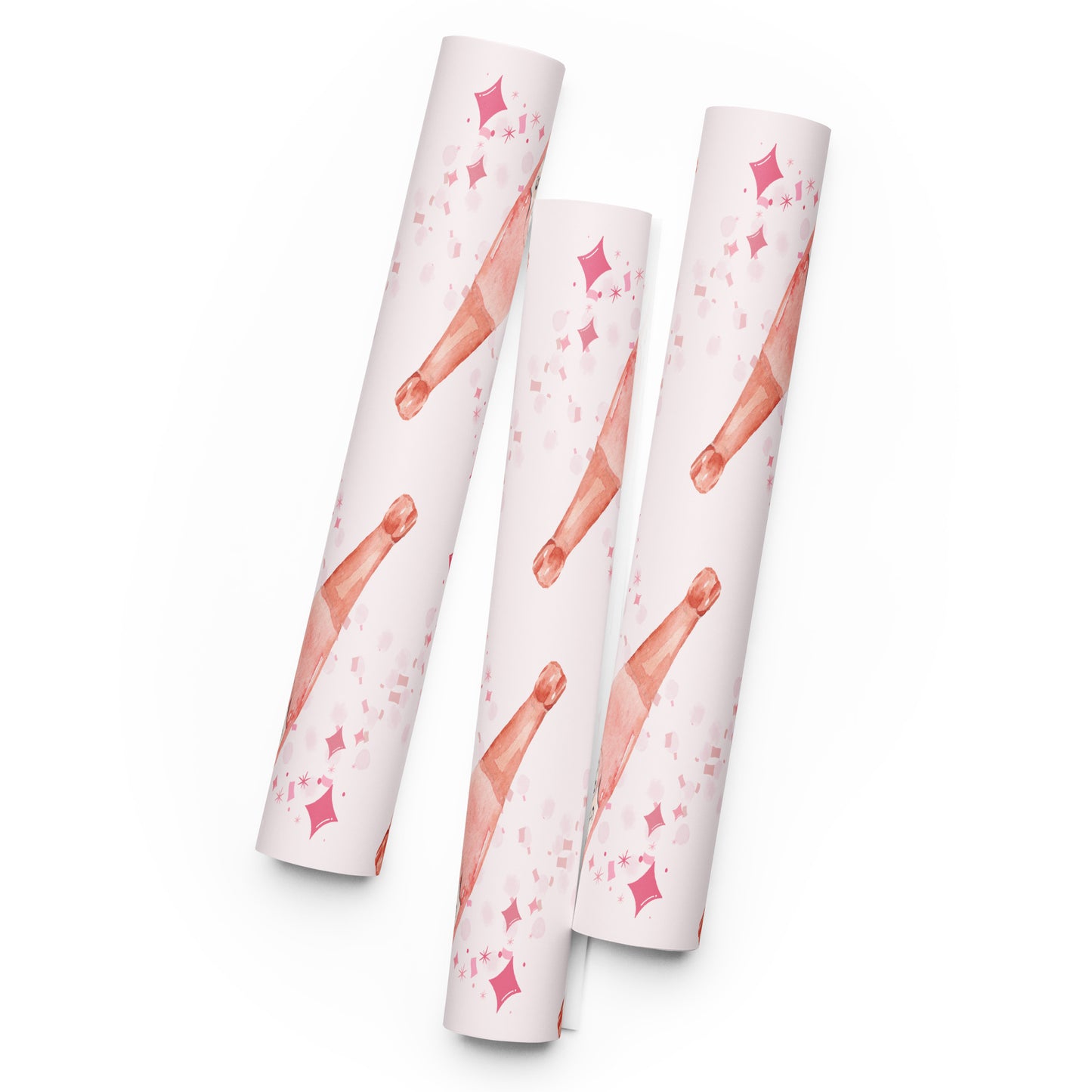 Three cylindrical products with bottle designs and pink accents on a white background
