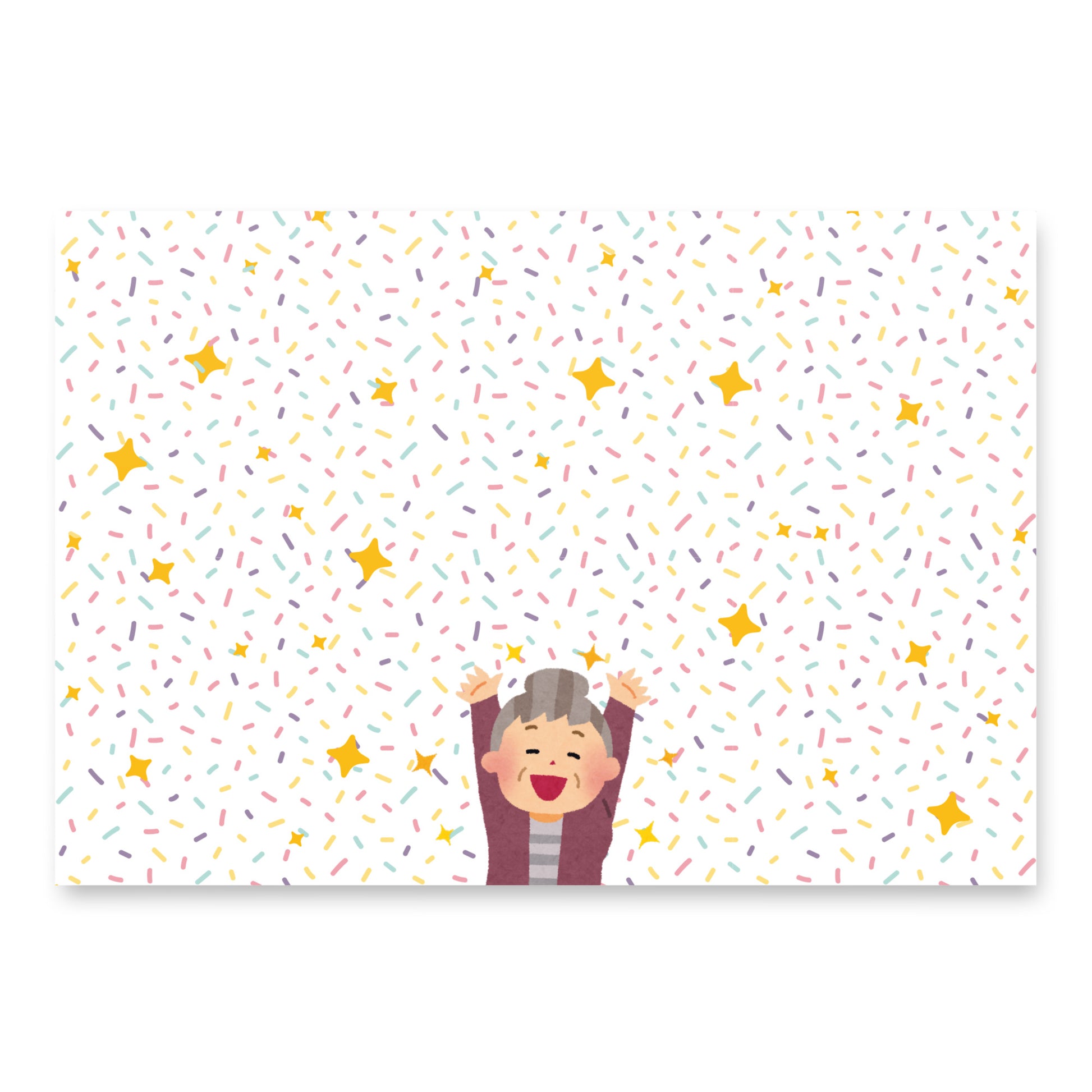 Cartoon character with arms raised on a background with colorful sprinkles and stars