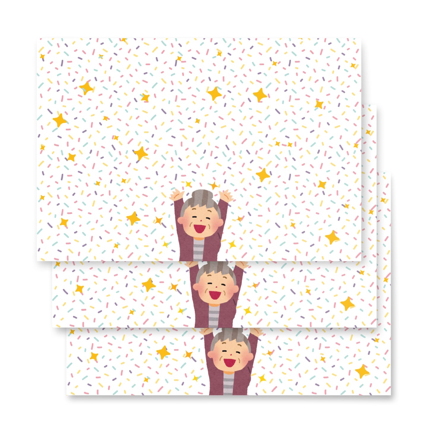 Set of stationery items with a pattern of people and stars on a white background