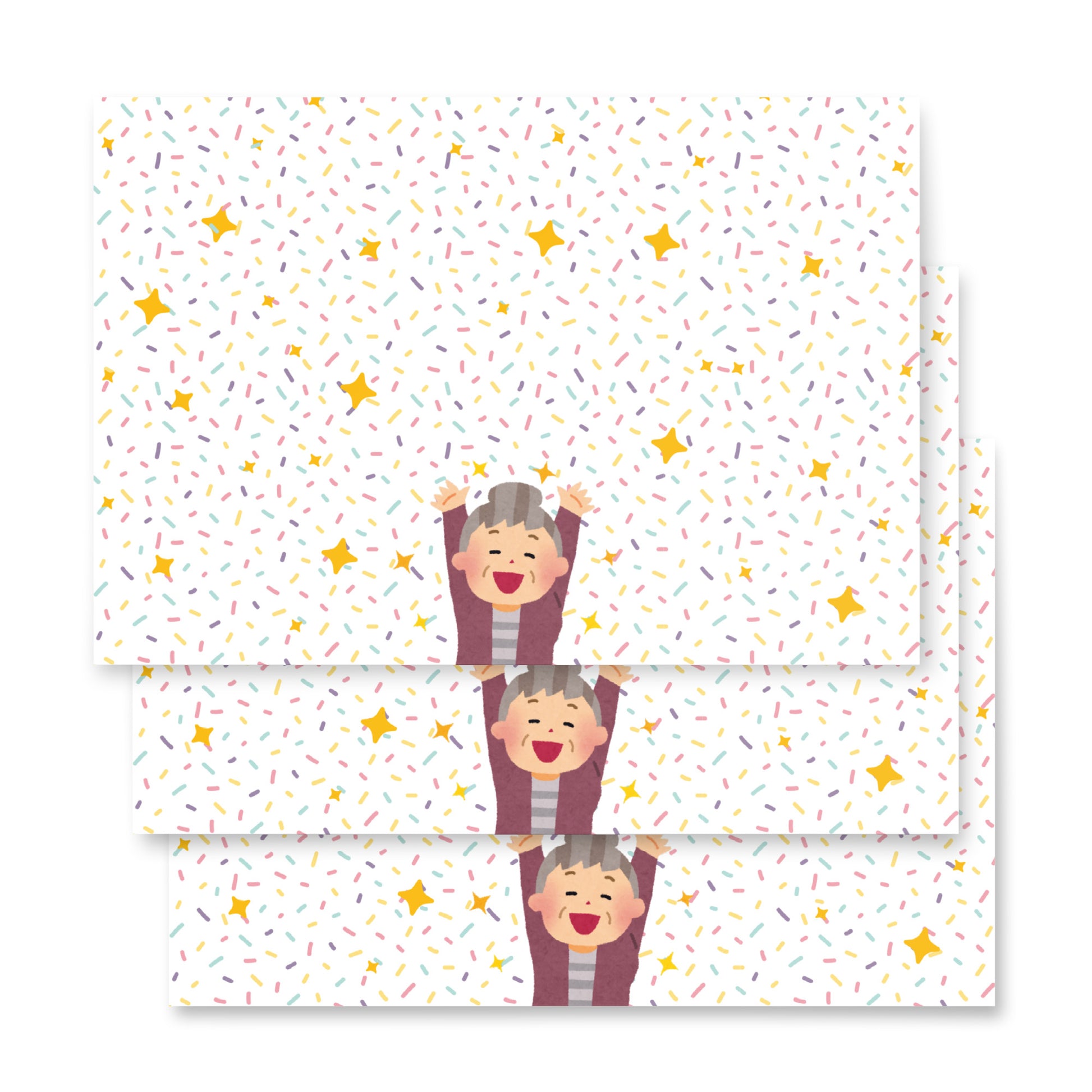 Set of stationery items with a pattern of people and stars on a white background