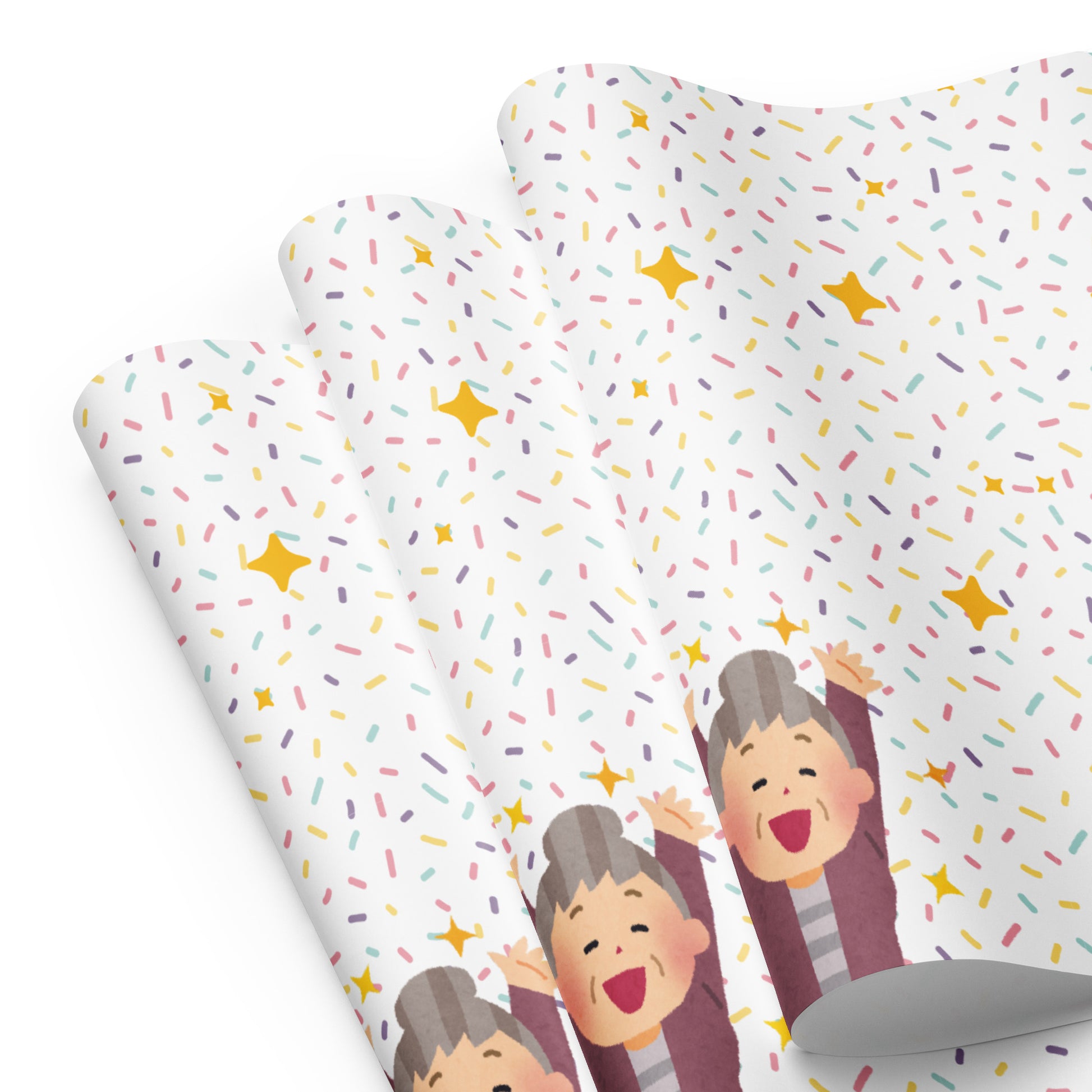 three sheets of paper with colorful star and dot pattern on a white background