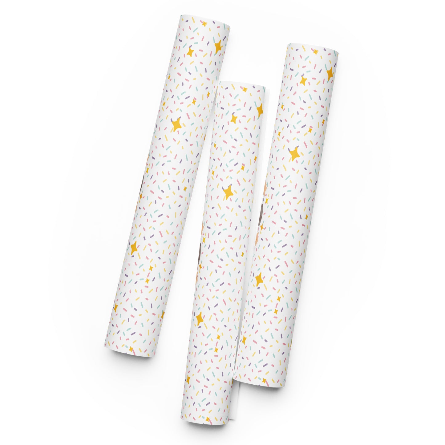 Three rolls of white paper with yellow star patterns on a white background
