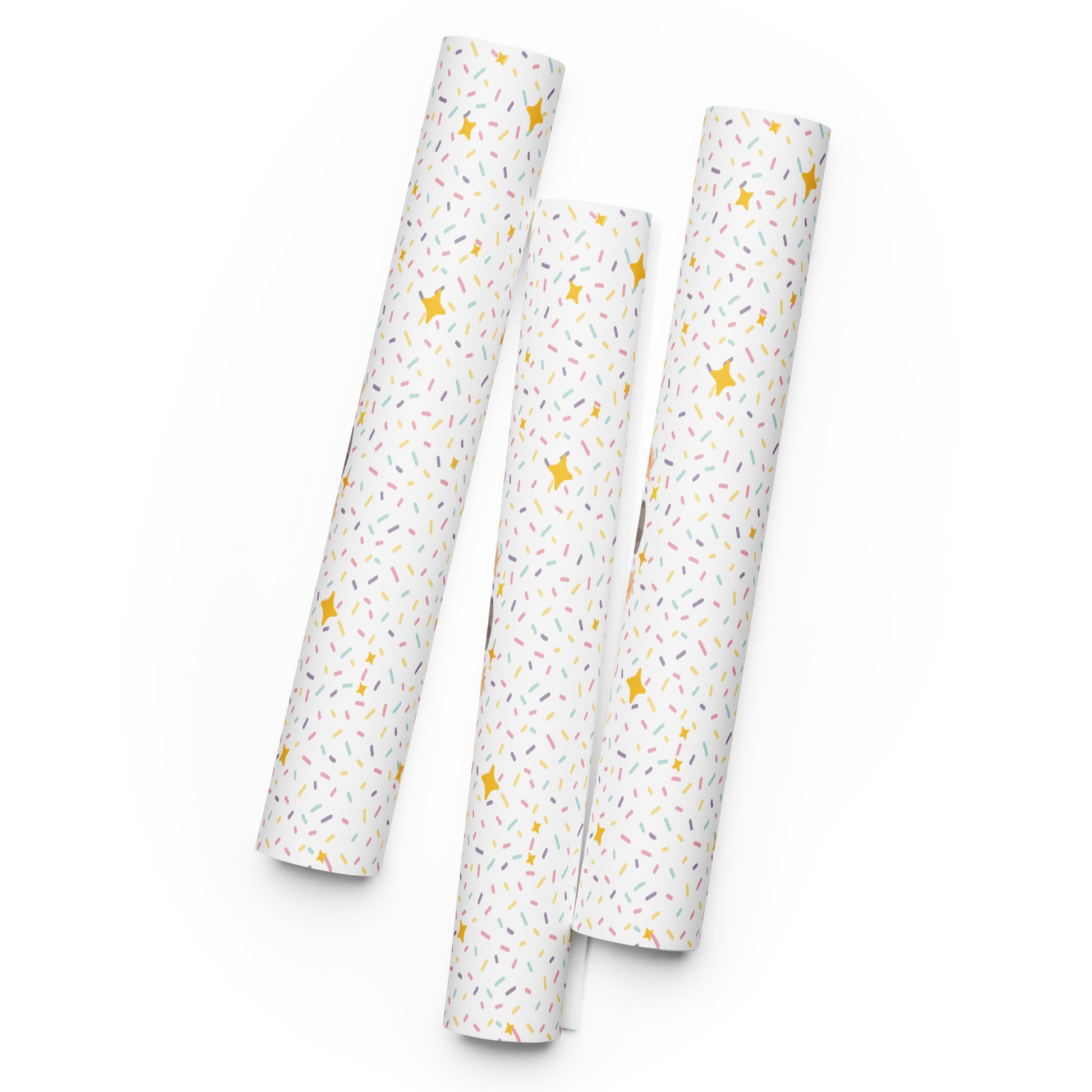 Three rolls of white paper with yellow star patterns on a white background