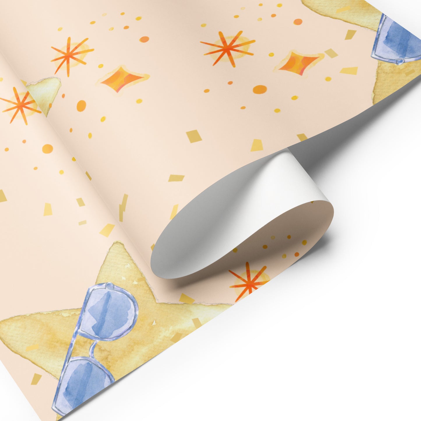 Roll of decorative paper with summer-themed design featuring sunglasses and stars.